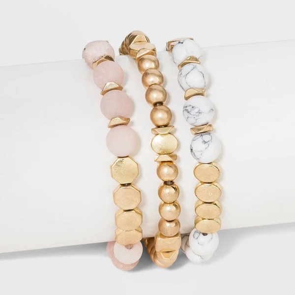 Semi-Precious White Howlite & Sunstone Stretch Multi-Strand Bracelet Set 3pc...