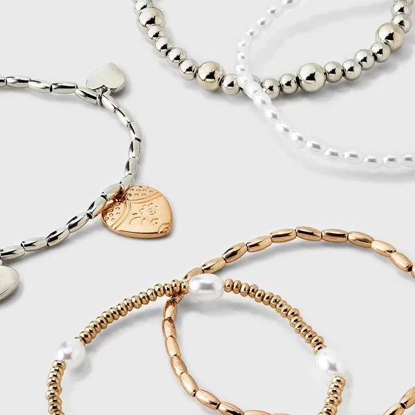 Heart Charm And Pearl Beaded Bracelet 5pc Set - Gold 4