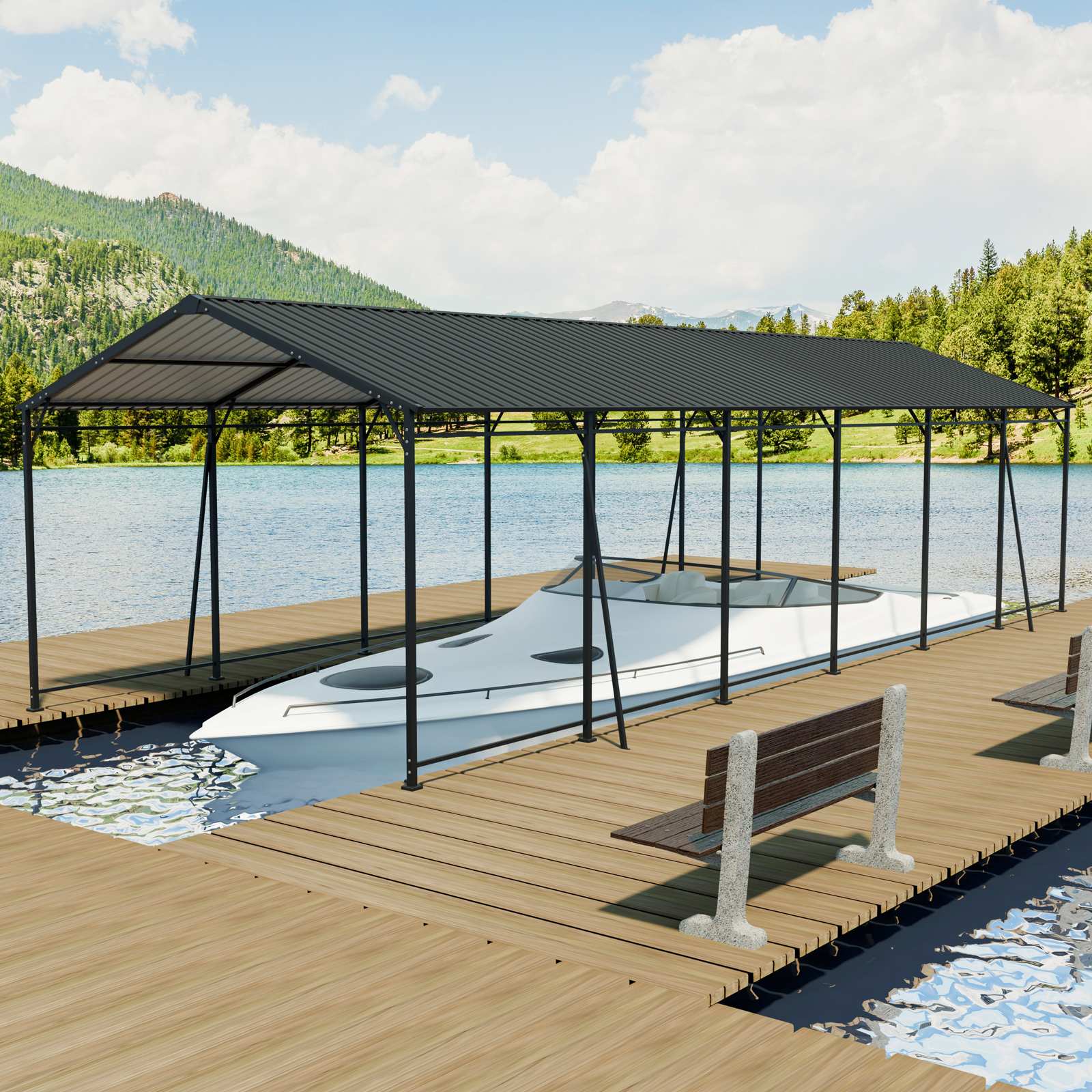 12x32 FT Carport, Heavy Duty Carport With Galvanized Steel Roof And Frame, Metal Carport Large Garage With 4 Fixed Inclined Square Tube Supports