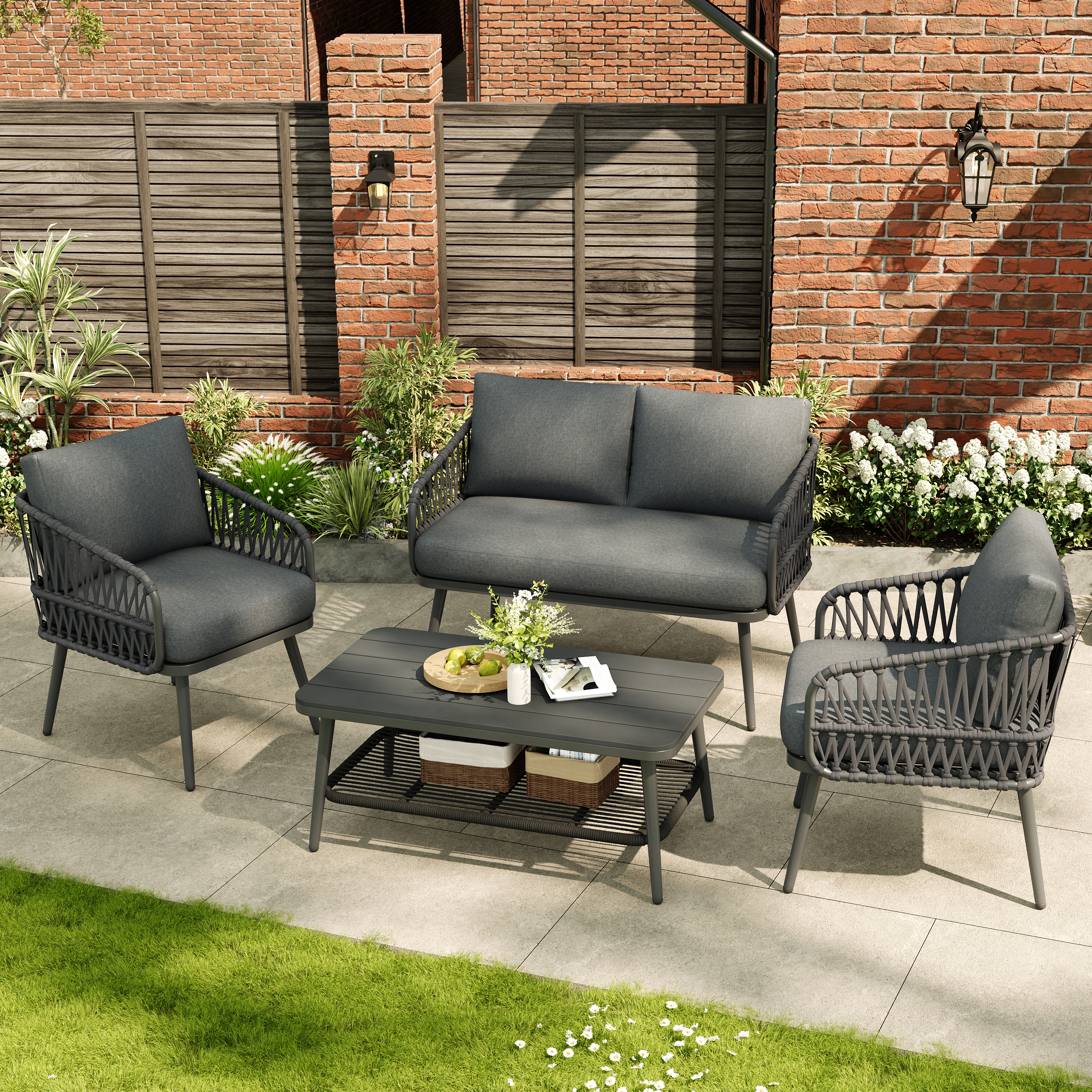 4 Seater Garden Set With Plastic Wood Storage Coffee Table, Polyester Rope Outdoor Set With Sofa And Armchairs, Weatherproof Outdoor Patio Sofa For Balcony And Terrace, Linen, Grey