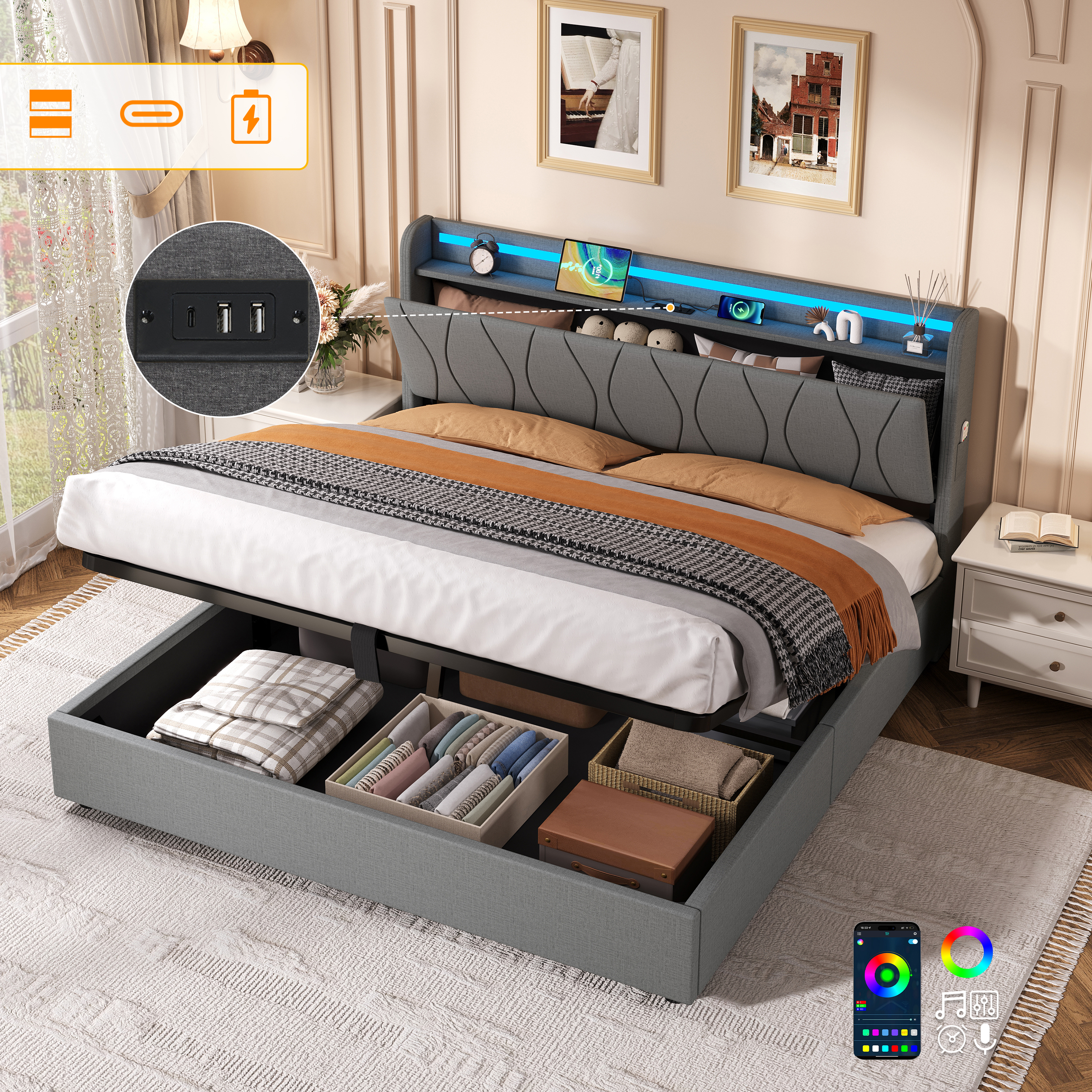 5ft King Upholstered Bed Frame With Hydraulic Storage, LED Headboard With Charging Station And Concealed Headboard Storage, USB And Type - C Ports, Linen, No Box Spring Needed, Grey  No Mattress