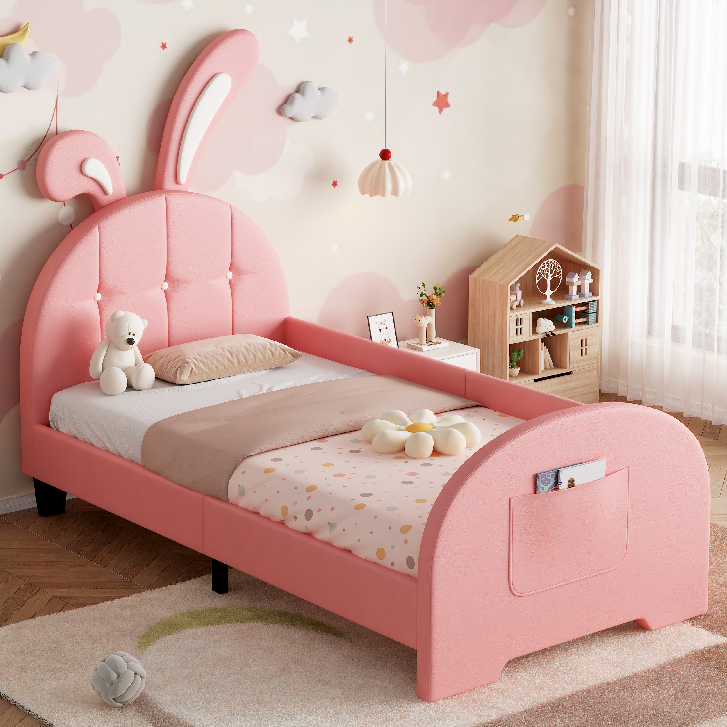 3ft Single Rabbit-Shaped Upholstered Bed Frame, Bunny Ear Headboard & Footboard Storage Pocket, Soft PU Leather Single Bed With Sturdy Metal-Wood Frame, P Ink No Mattress