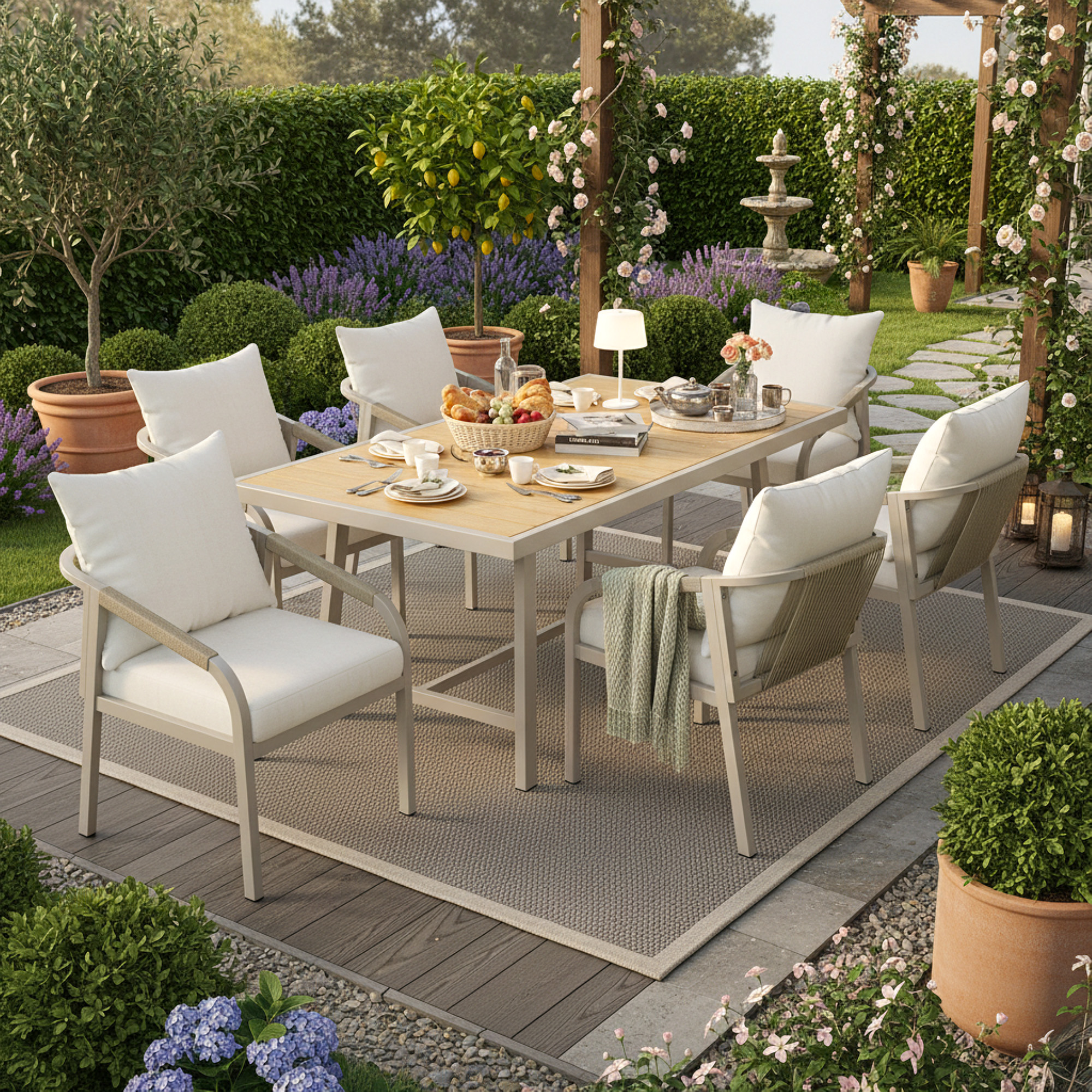 6 Seater Garden Dining Set, Galvanized Iron Frame Outdoor Patio Furniture,Includes 6 Chairs And 1 Table, Plastic Wood Tabletop, Chairs With Woven Rope, Beige
