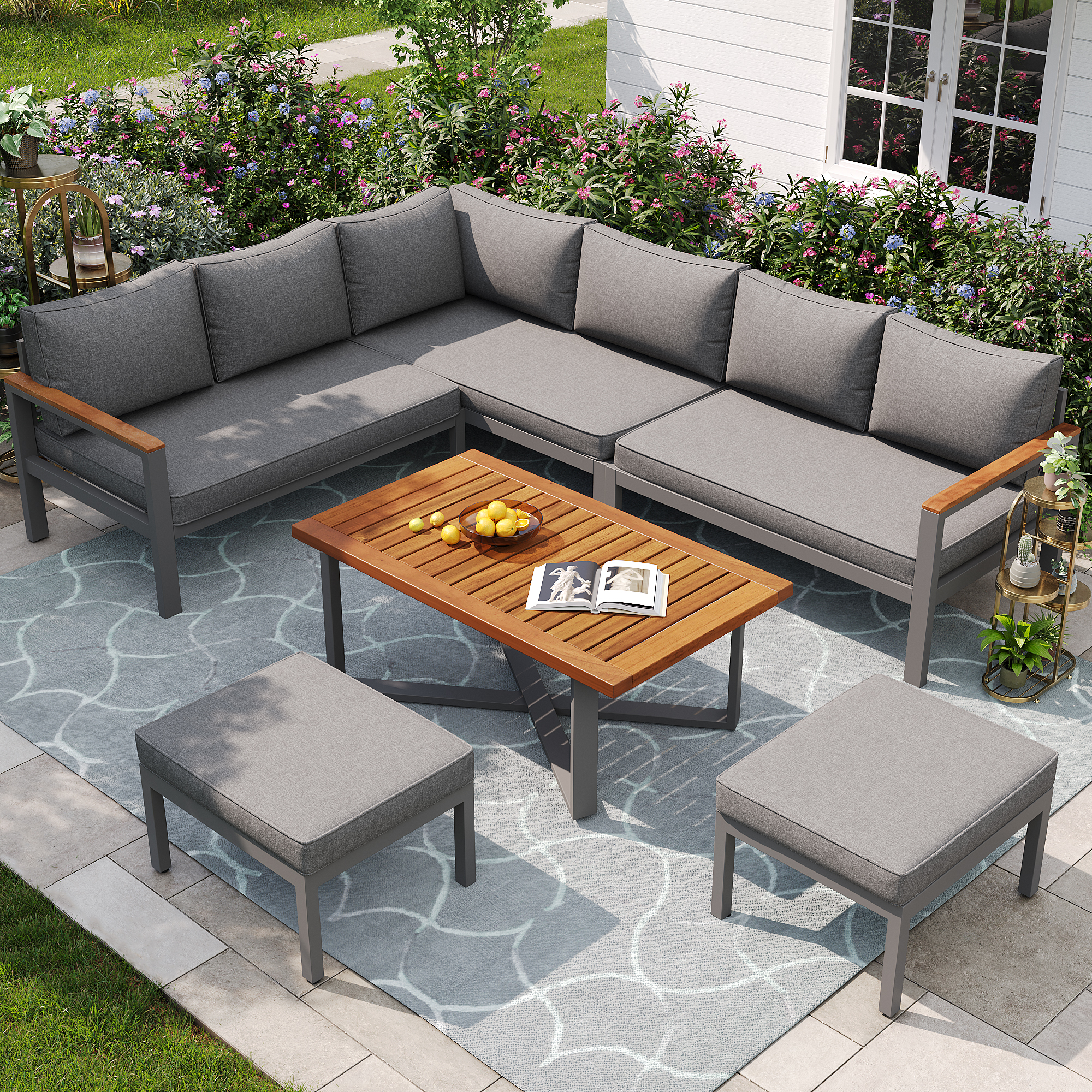 Outdoor Patio&Backyard Furniture Garden Lounge Set For 7-8 People, Thick Quality Space Saving L-Shaped Corner Sofa With Wooden Coffee Table And 2 Stool Table Box, Grey