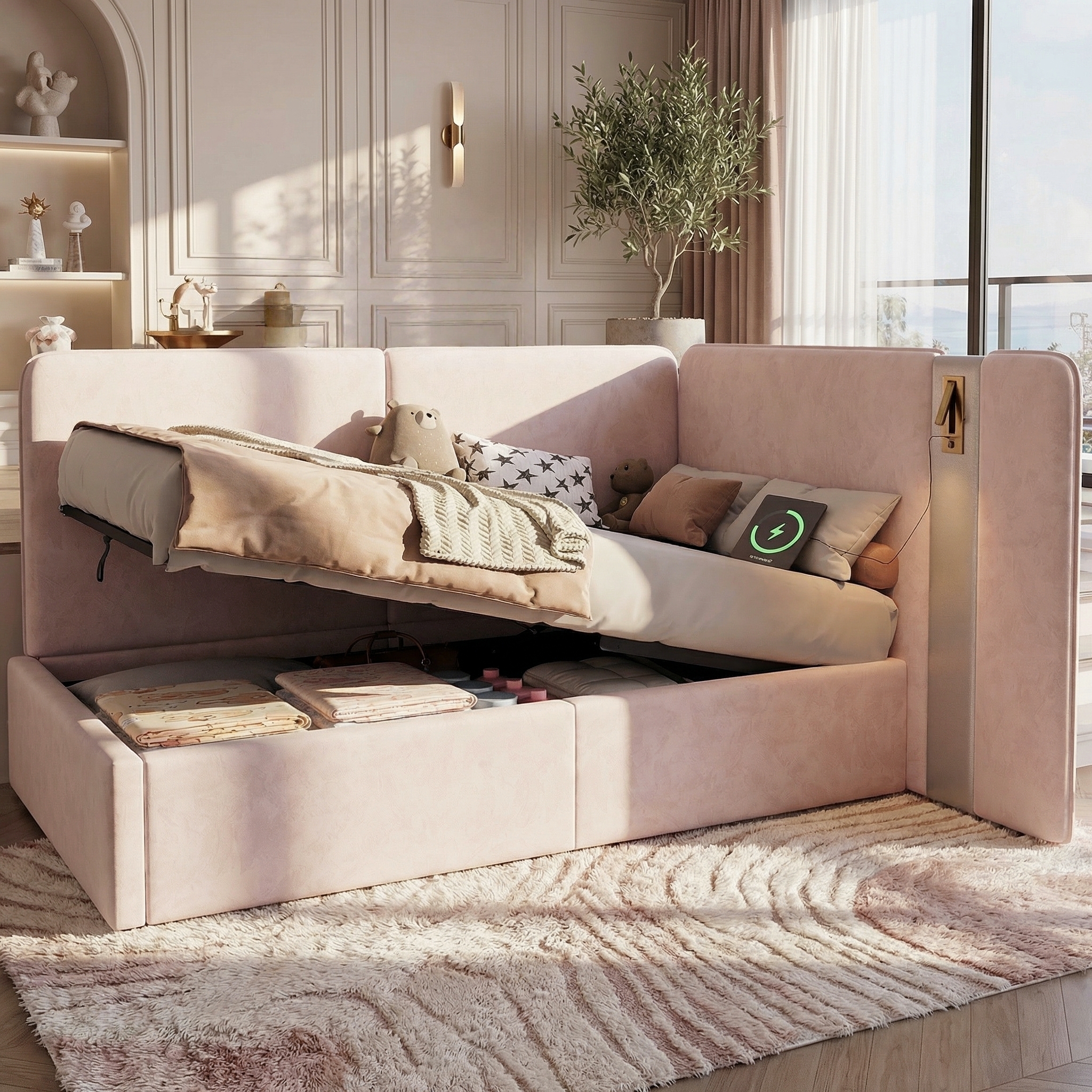 Daybed,  3FT Single Bed 90x190cm, L-shaped Upholstered With Storage, Sofa Bed, Hydraulic Bed With USB Charging Port And Reading Lamp, Velvet, Pink