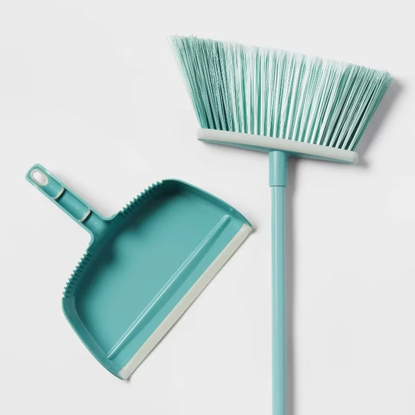 Angle Floor Broom With Clip-on Dust Pan Set: Steel Handle, Soft Grip, Hanging...