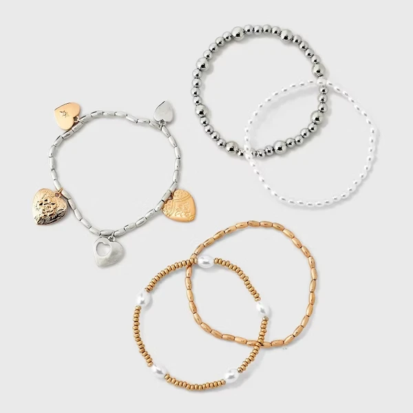 Heart Charm And Pearl Beaded Bracelet 5pc Set - Gold 3