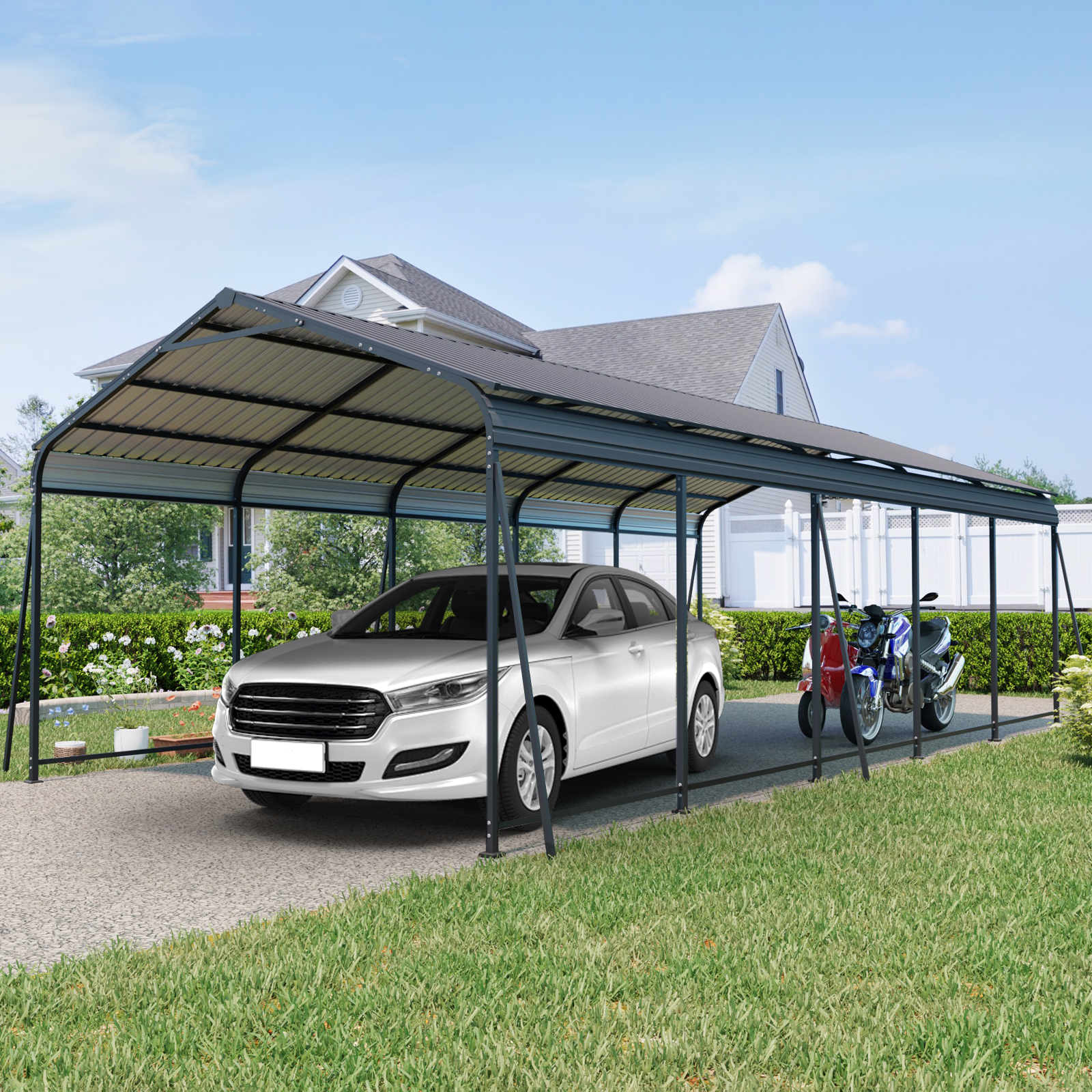 13x26.5 FT Carport, Heavy Duty Carport Canopy With Galvanized Steel Roof And Frame, Metal Carport Large Garage With 6 Fixed Inclined Square Tube Supports For Driveway Car, Truck