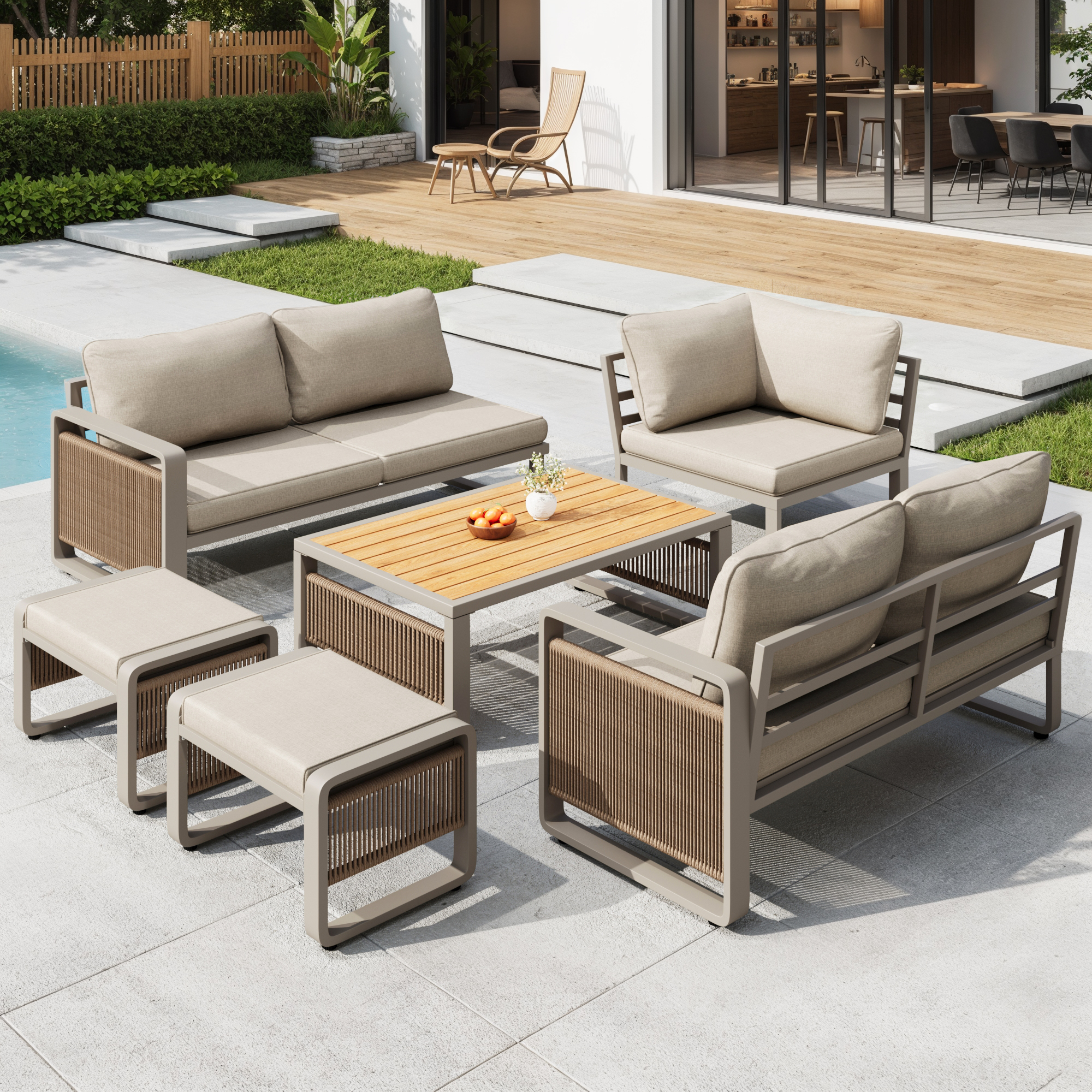 Garden Lounge Chair Set, Furniture Set For 6-7 People, Handwoven Rope Garden Sofa, Weatherproof Corner Set & Iron Lounger, Including Soft Seat And Back Cushions, Adjustable Feet, Beige