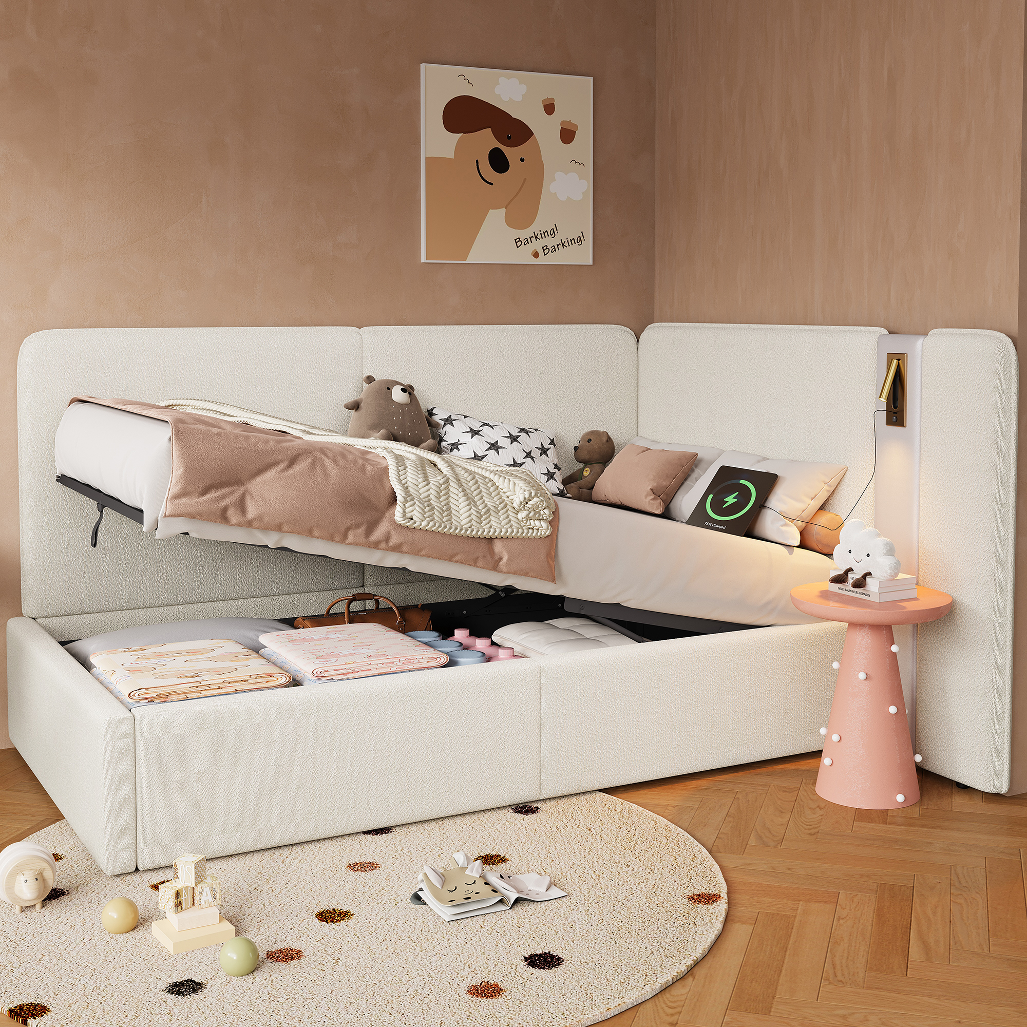 Daybed,  3FT Single Bed 90X190cm, L-shaped Upholstered With Storage, Sofa Bed, Hydraulic Bed With USB Charging Port And Reading Lamp, Beige Boucl