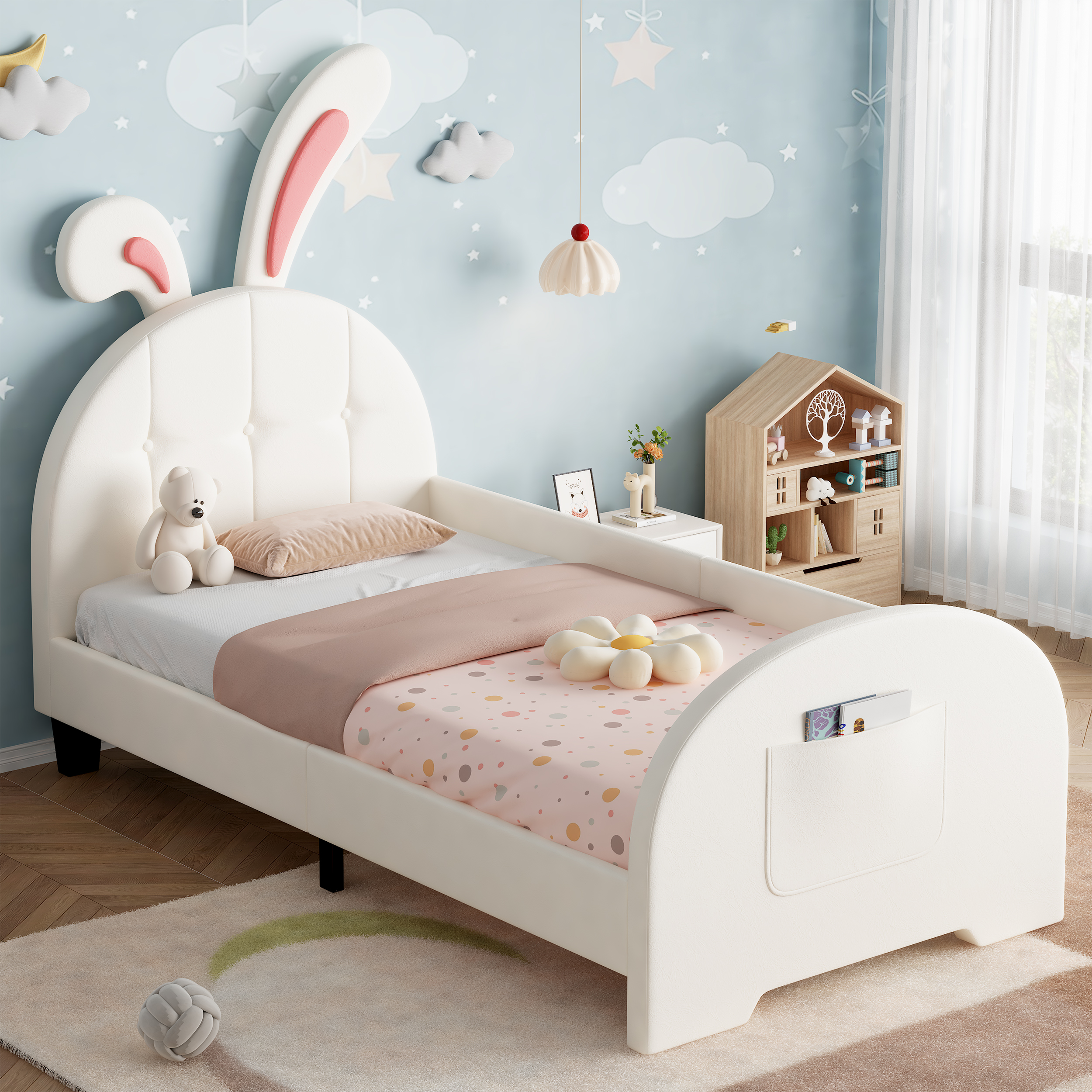 3ft Single Rabbit-Shaped Upholstered Bed Frame, Bunny Ear Headboard & Footboard Storage Pocket, Soft PU Leather Single Bed With Sturdy Metal-Wood Frame, Cream White  No Mattress