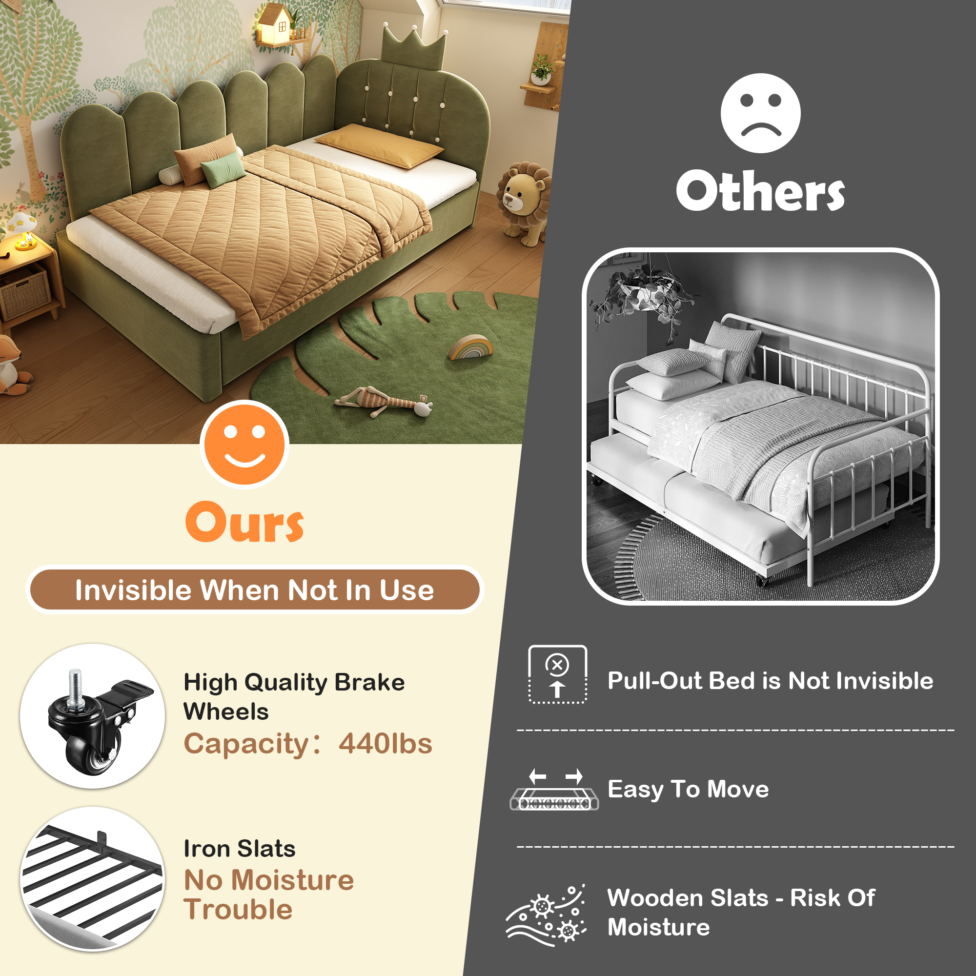 Upholstered Daybed With Pull-Out Bed, Crown-shaped Trundle Bed, 3FT Single Sofa Bed 90 X 190 Cm, Guest Beds For Adults & Children, Bed With Metal Slatted Frame, Velvet, Green  No Mattress