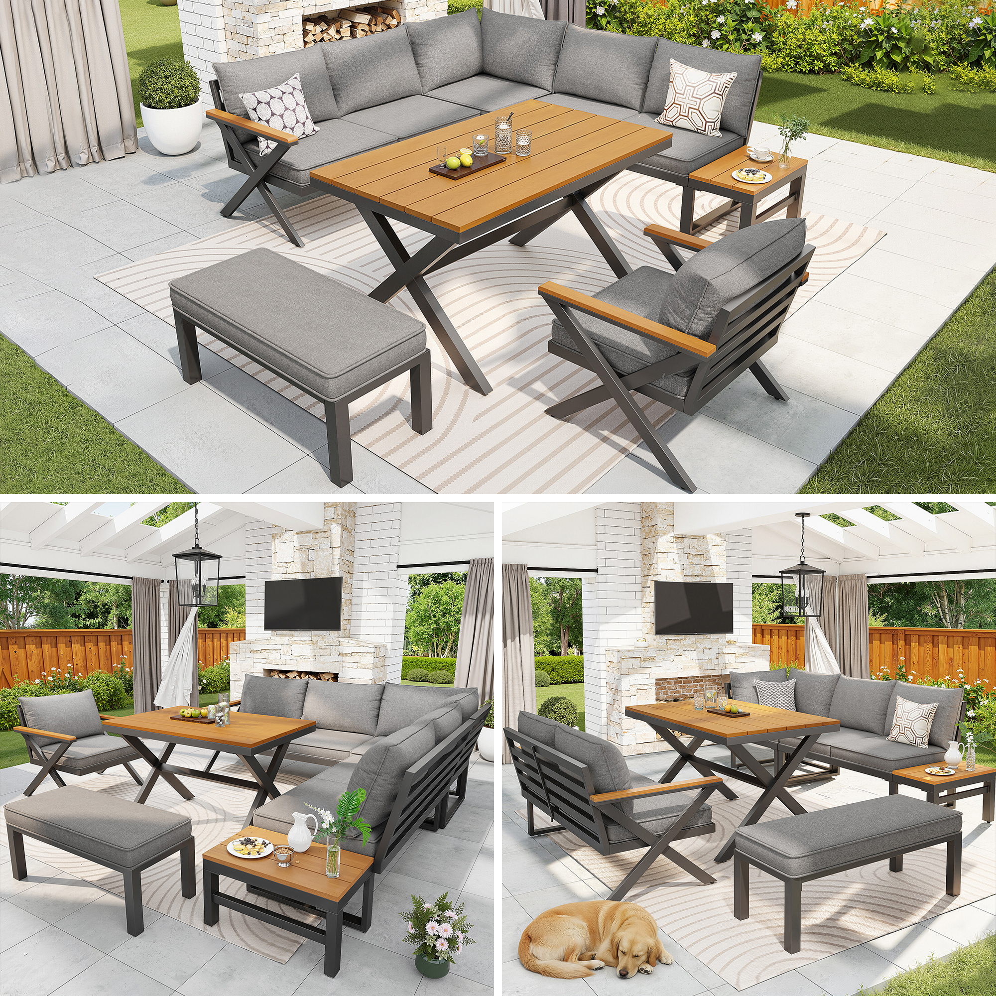 Outdoor Sofa Set With X-Shaped Metal Frame, 8cm Thick Cushions, Plastic Wood Armrests, For Patio & Garden - Image 1