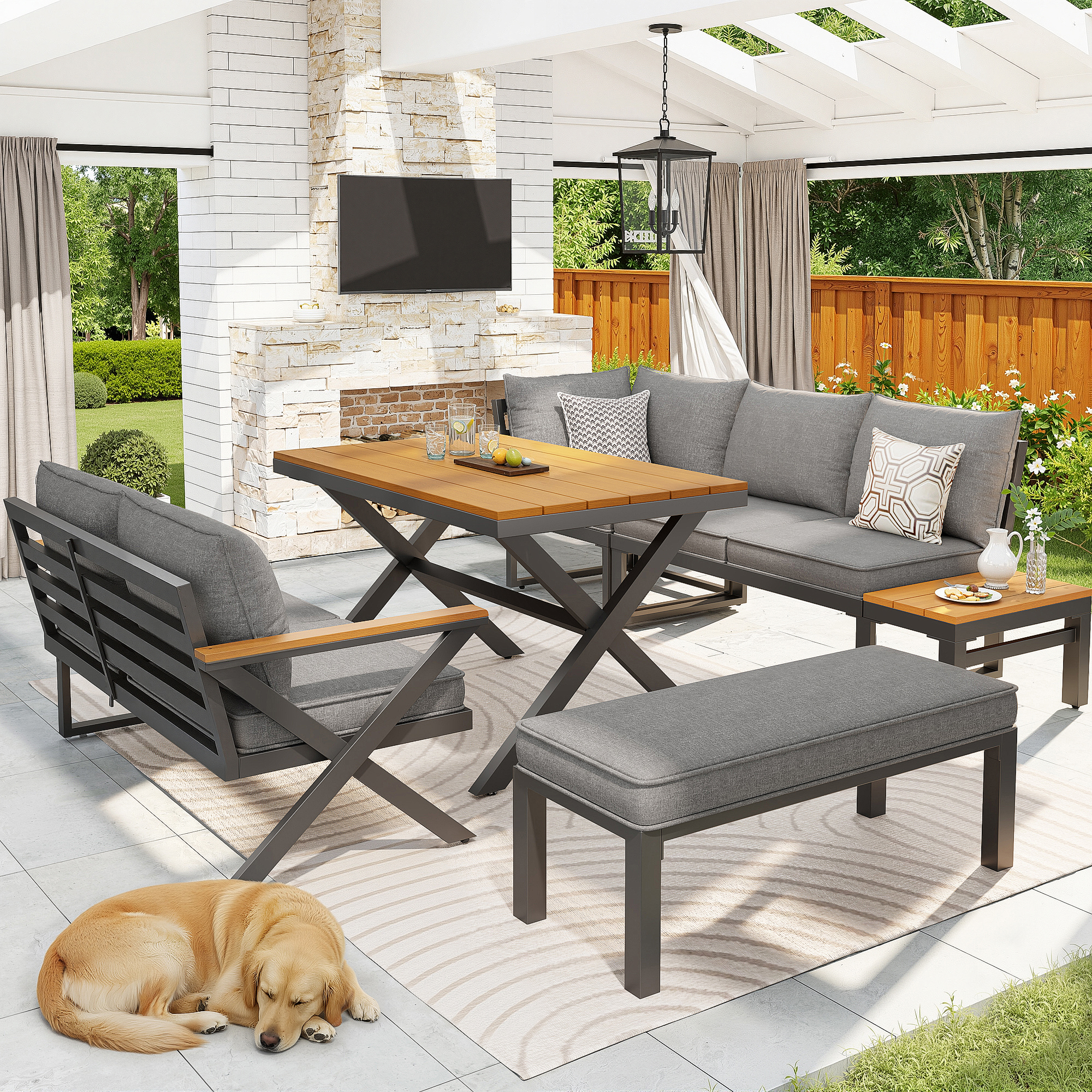 Outdoor Sofa Set With X-Shaped Metal Frame, 8cm Thick Cushions, Plastic Wood Armrests, For Patio & Garden