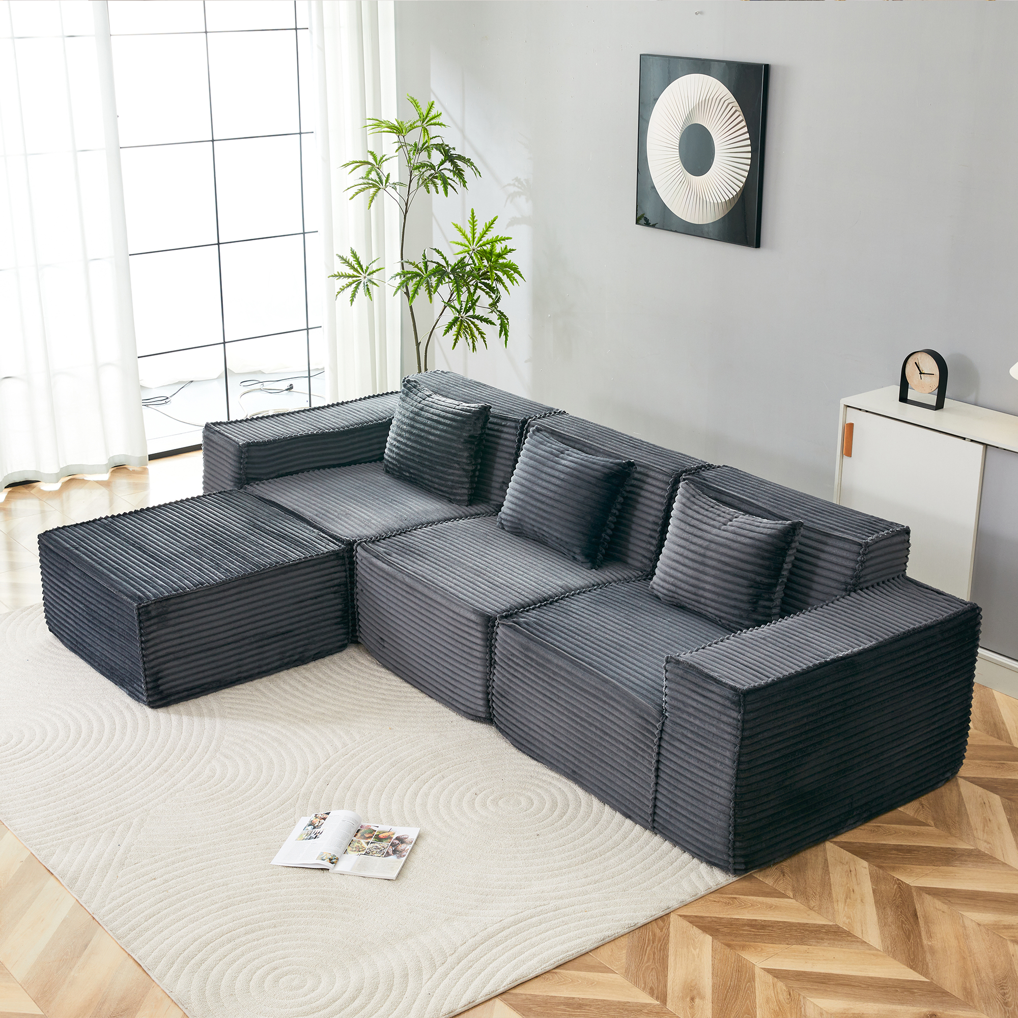 L-Shaped Modular Sectional Sofa, 3-Seater With Ottoman, Striped Corduroy Fabric, High-Density Foam For Home, Apartment, Office  Dark Gray