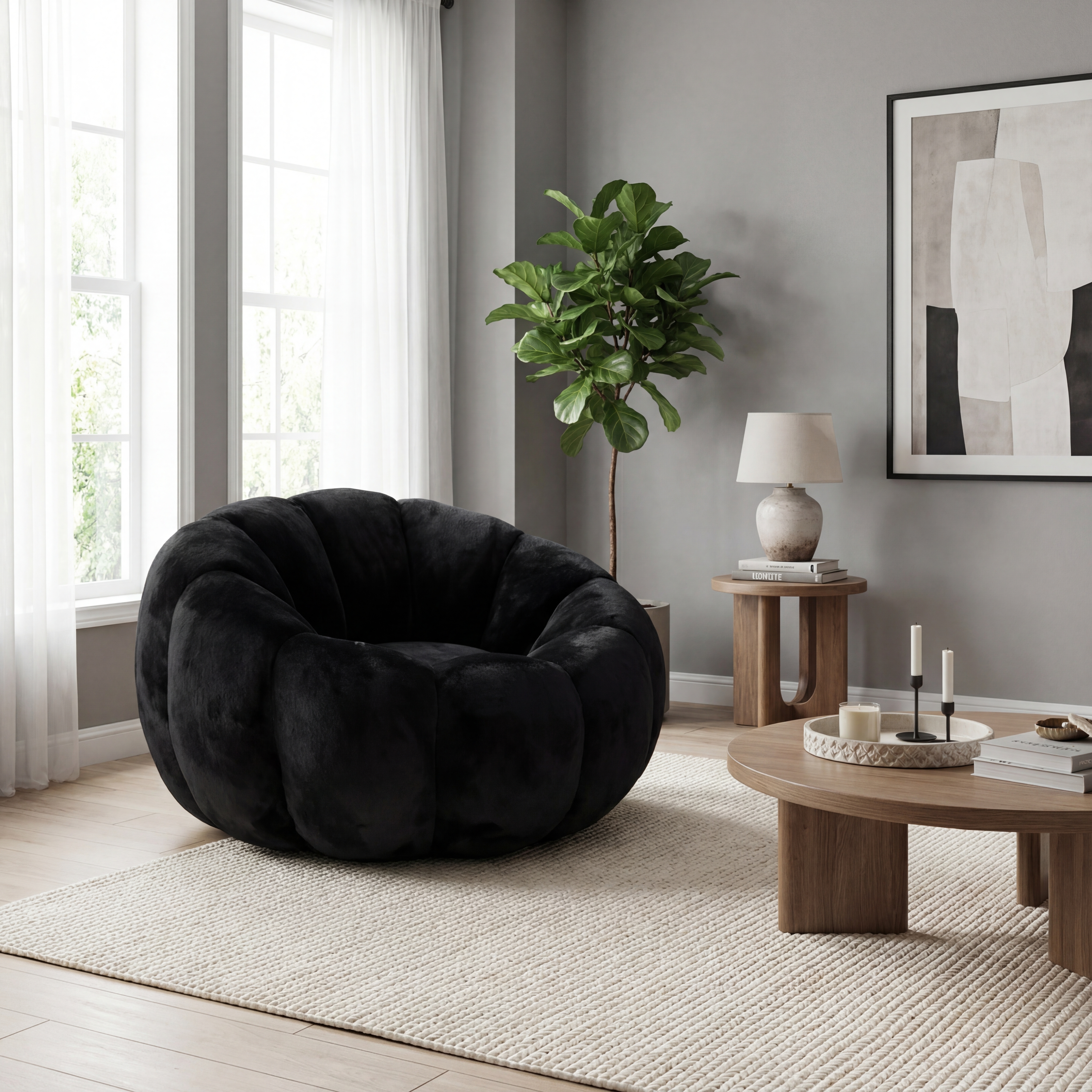 Adult Bean Bag Chair, Floral-Shaped Bean Bag Sofa, Ultra-Soft Faux Fur Sofa, Large Reading Chair For Living Room Or Bedroom, Black, Single-Seater