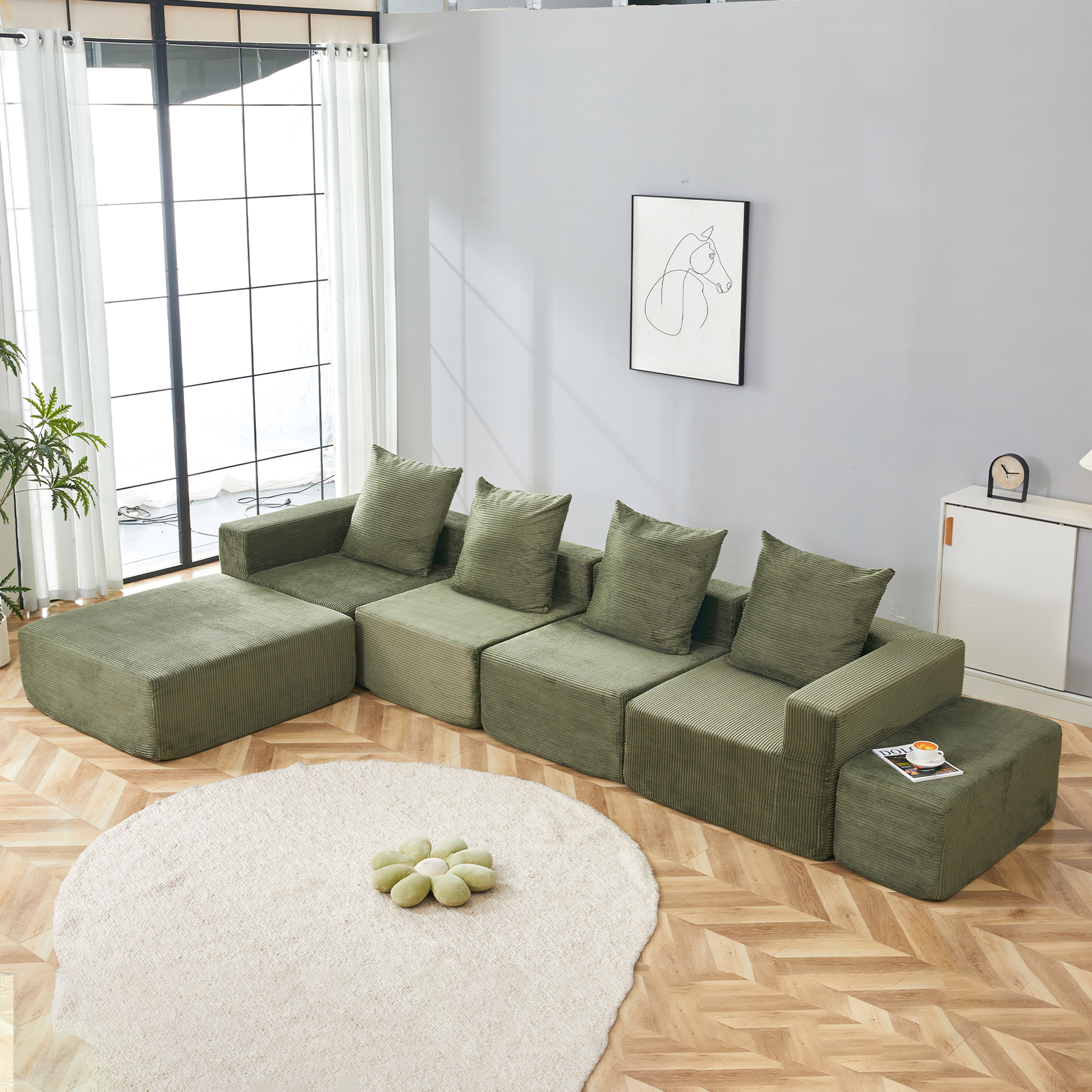 4-Seat Modular Sofa Sectional With Oversized Chaise & Ottomans - Cloud Couch In Soft Corduroy Fabric For Small Spaces, Living Room, Apartment  Green