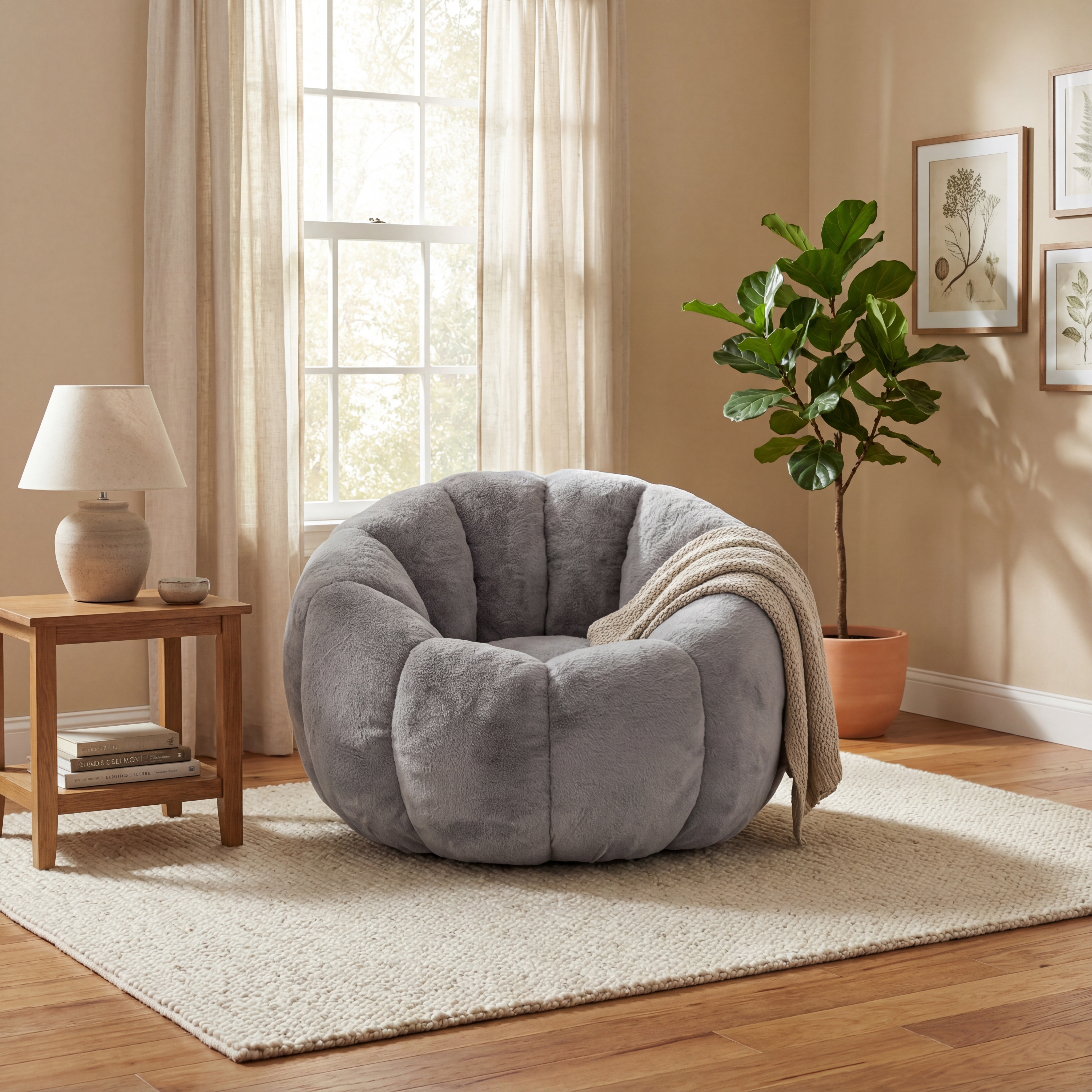 Adult Bean Bag Chair, Floral-Shaped Bean Bag Sofa, Ultra-Soft Faux Fur Sofa, Large Reading Chair For Living Room Or Bedroom, Gray, Single-Seater
