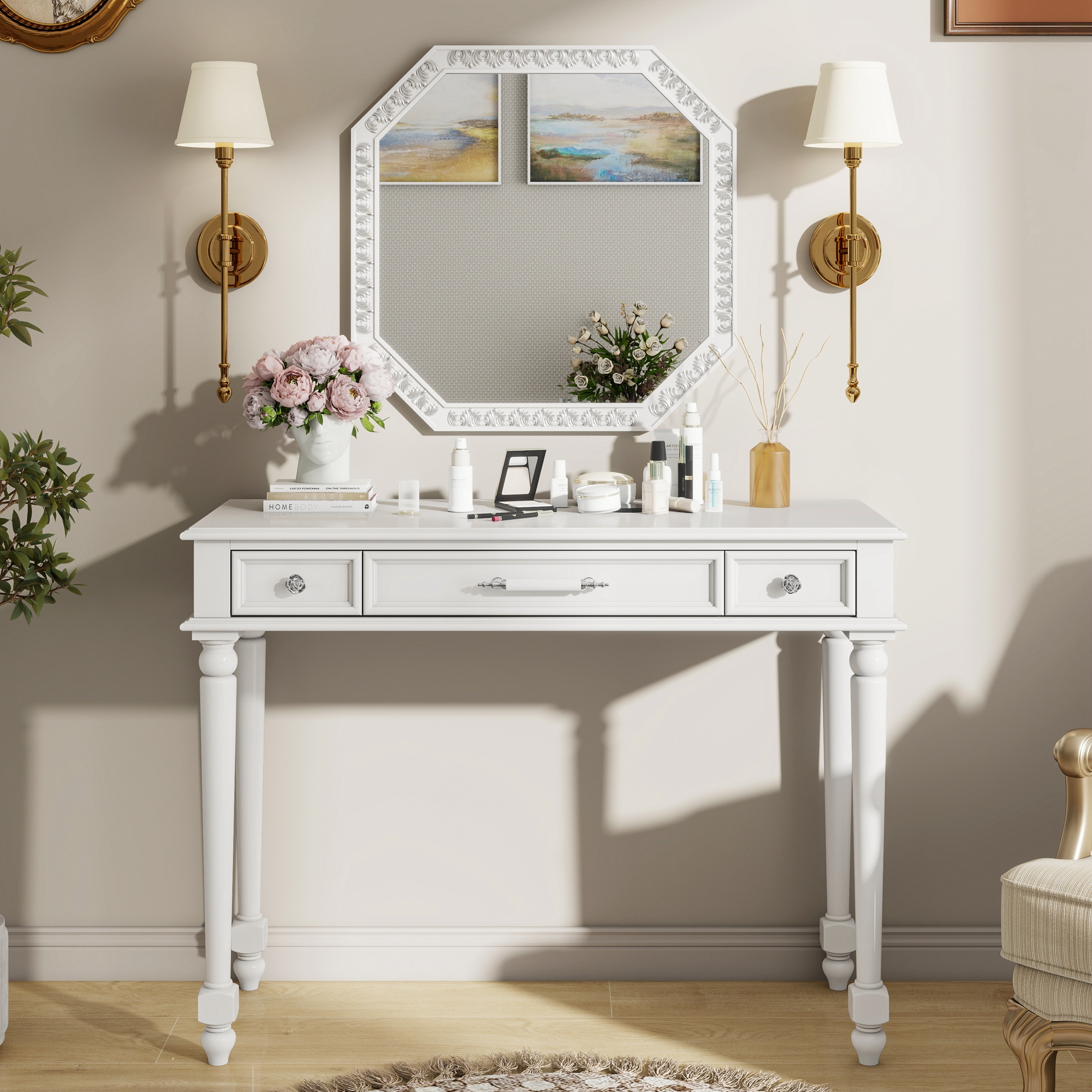 Retro Makeup Desk With Large Mirror, 3-Drawer Dressing Table For Jewelry Storage, Elegant Console Table For Bedroom, Living Room, Hallway & Foyer,White
