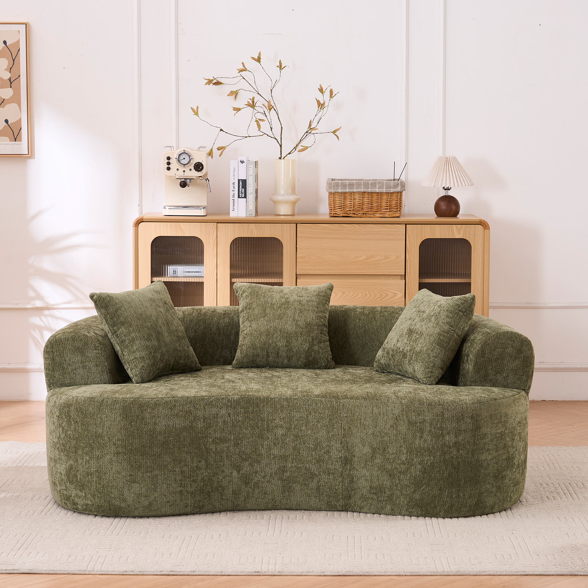 Crescent-shaped Sofa, Modern Low-back Design With Deep Cushions, Featuring A Self-inflating Foam-filled Three-seater Sofa That Requires No Assembly. Green Chenille Fabric