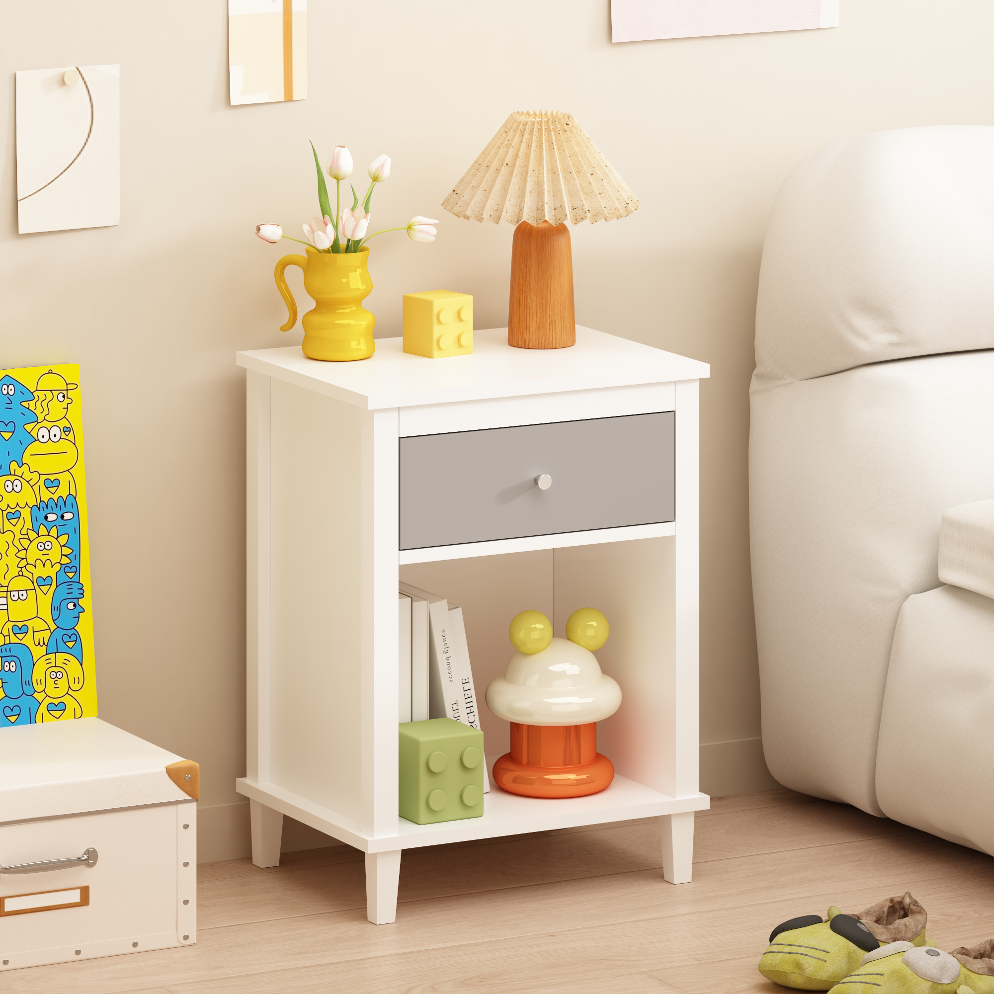 26.77''H Wooden Nightstand With One Drawer One Shelf For Kids, Adults,Gray Silver Handle - Image 1