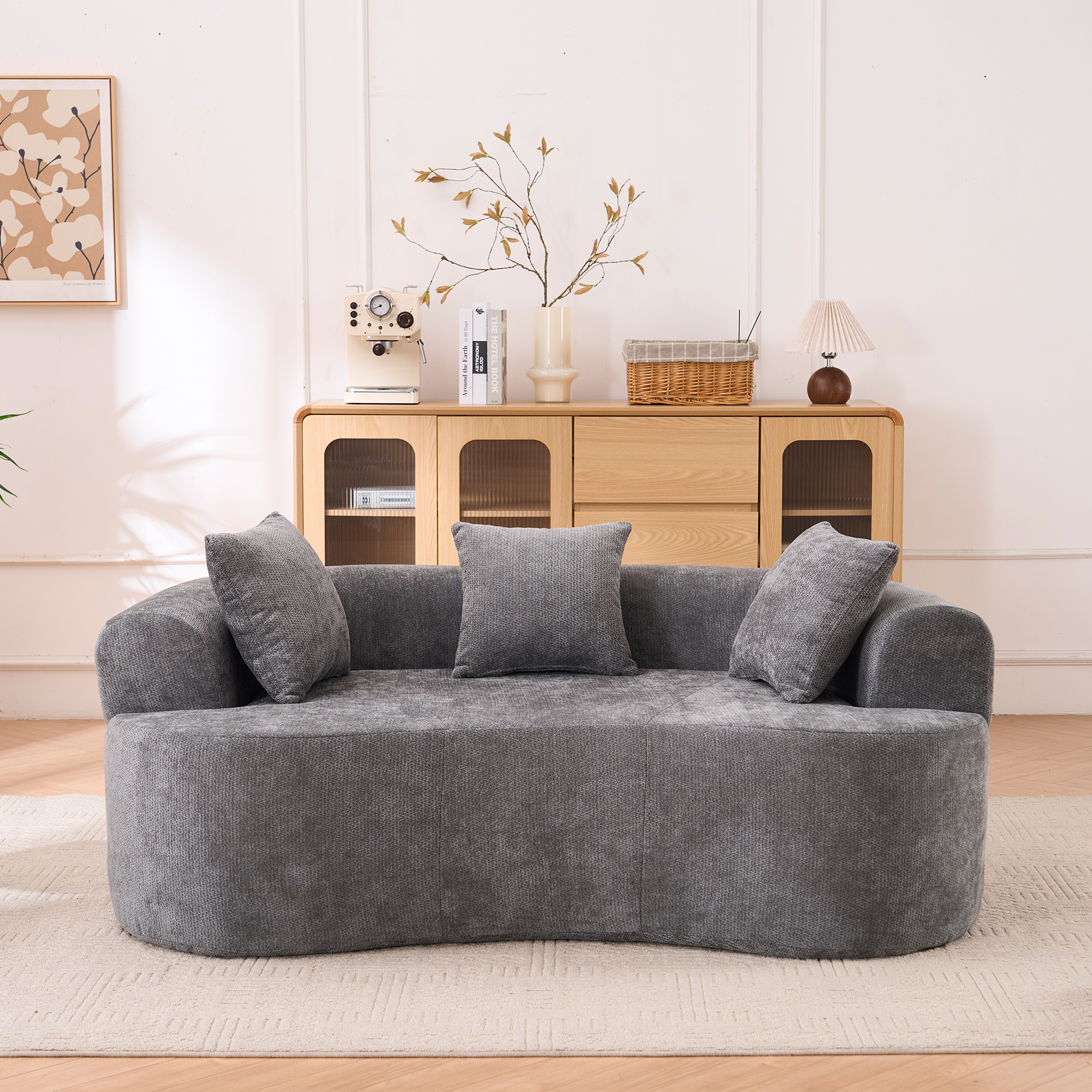 Crescent-shaped Sofa, Modern Low-back Design With Deep Cushions, Self-inflating Foam-filled Large Two-seater Sofa Requiring No Assembly. Grey Chenille Fabric