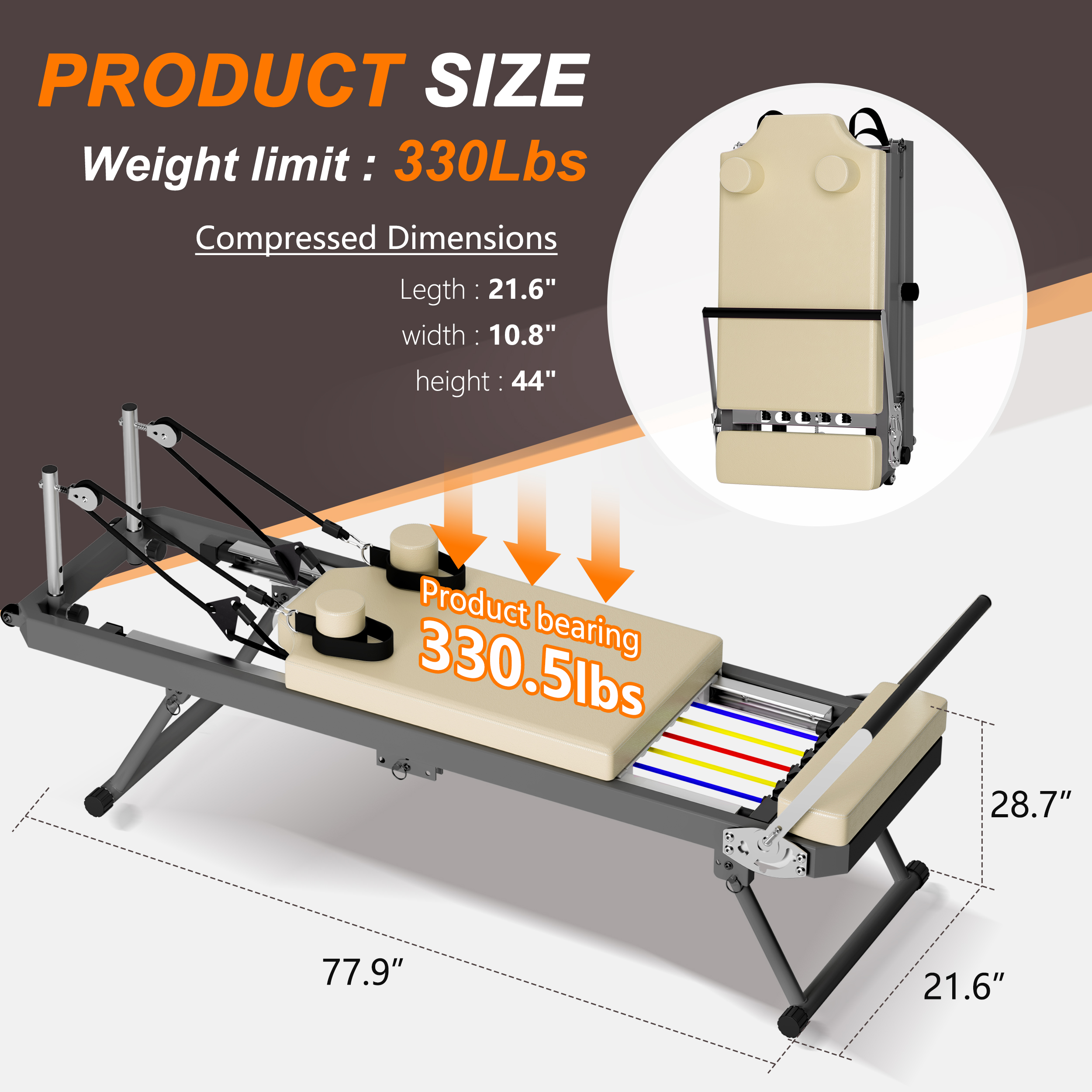 Pilates Reformer Machine For Home Gym Workout, Foldable Pilates Equipment With High Strength Alloy Springs For Beginners, Up To 330lbs,Beige 2