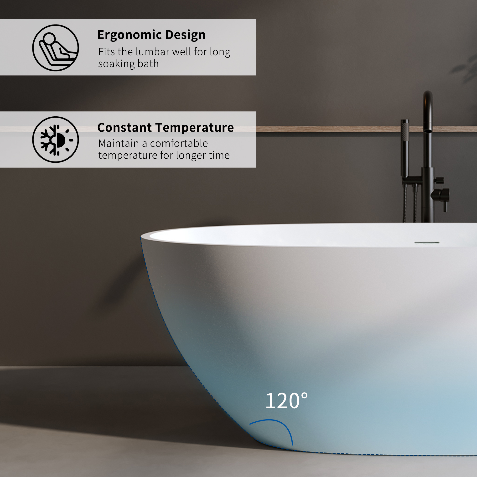 59'' Solid Surface Matte Tub, Solid Surface Soaking Tub, Stone Resin Freestanding Bathtub, Thick Edge Stand Alone Tubs With Overflow, Pop-up Drain, Matte White Oval
