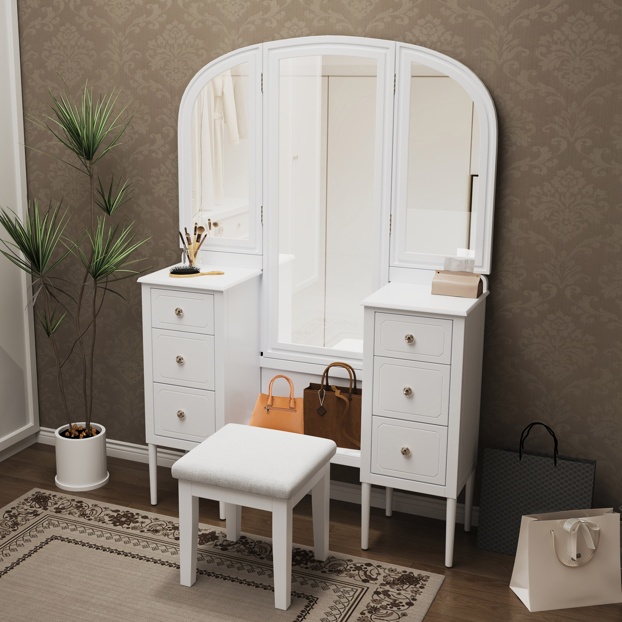 Antique Makeup Vanity Desk With Triple Mirror, 6-Drawer Dressing Table Set Including Stool, Full Length Mirror For Bedroom Dressing Room, White