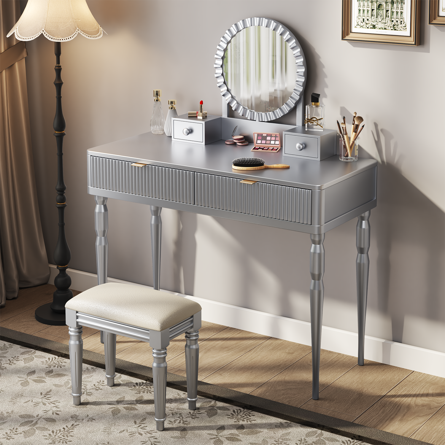 Luxury Vanity Desk With Round Mirror,Height-Adjustable, Stylish Dressing Table Set, 4 Drawers & Stool, Silver