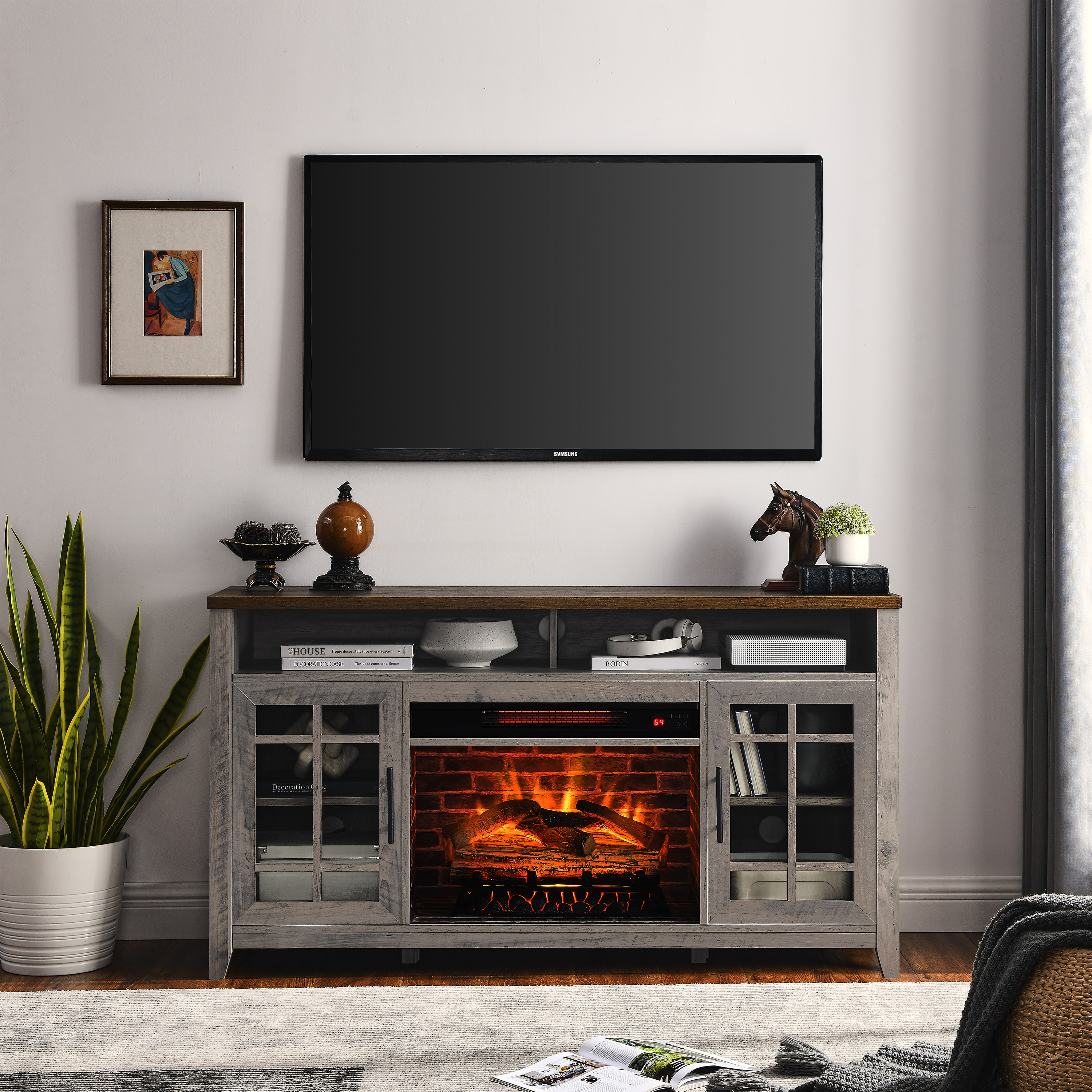 55InchTVMediaStandWithElectricFireplaceKDInsertsHeater,GrayWashColor