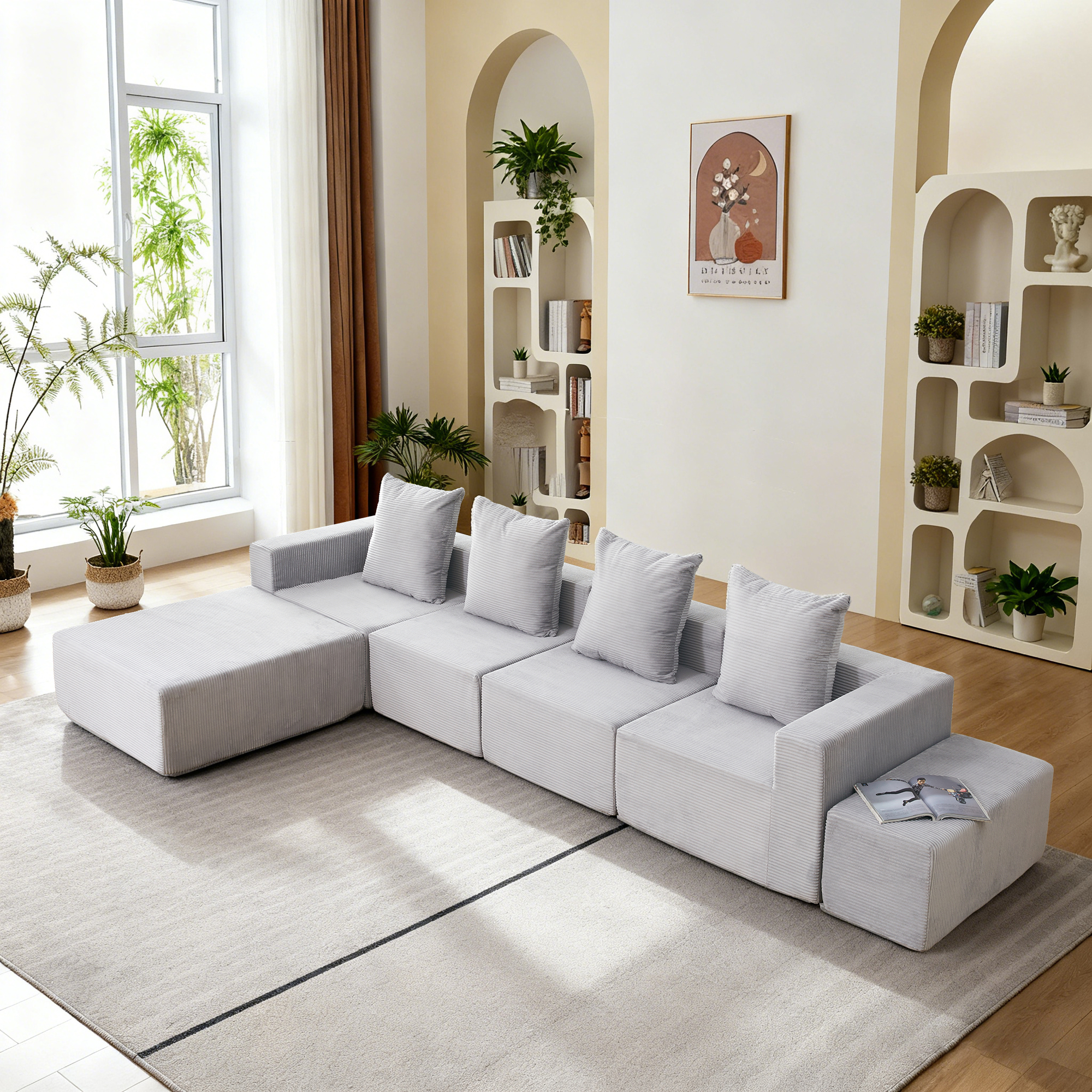 4-Seat Modular Sofa Sectional With Oversized Chaise & Ottomans - Cloud Couch In Soft Corduroy Fabric For Small Spaces, Living Room, Apartment  Gray