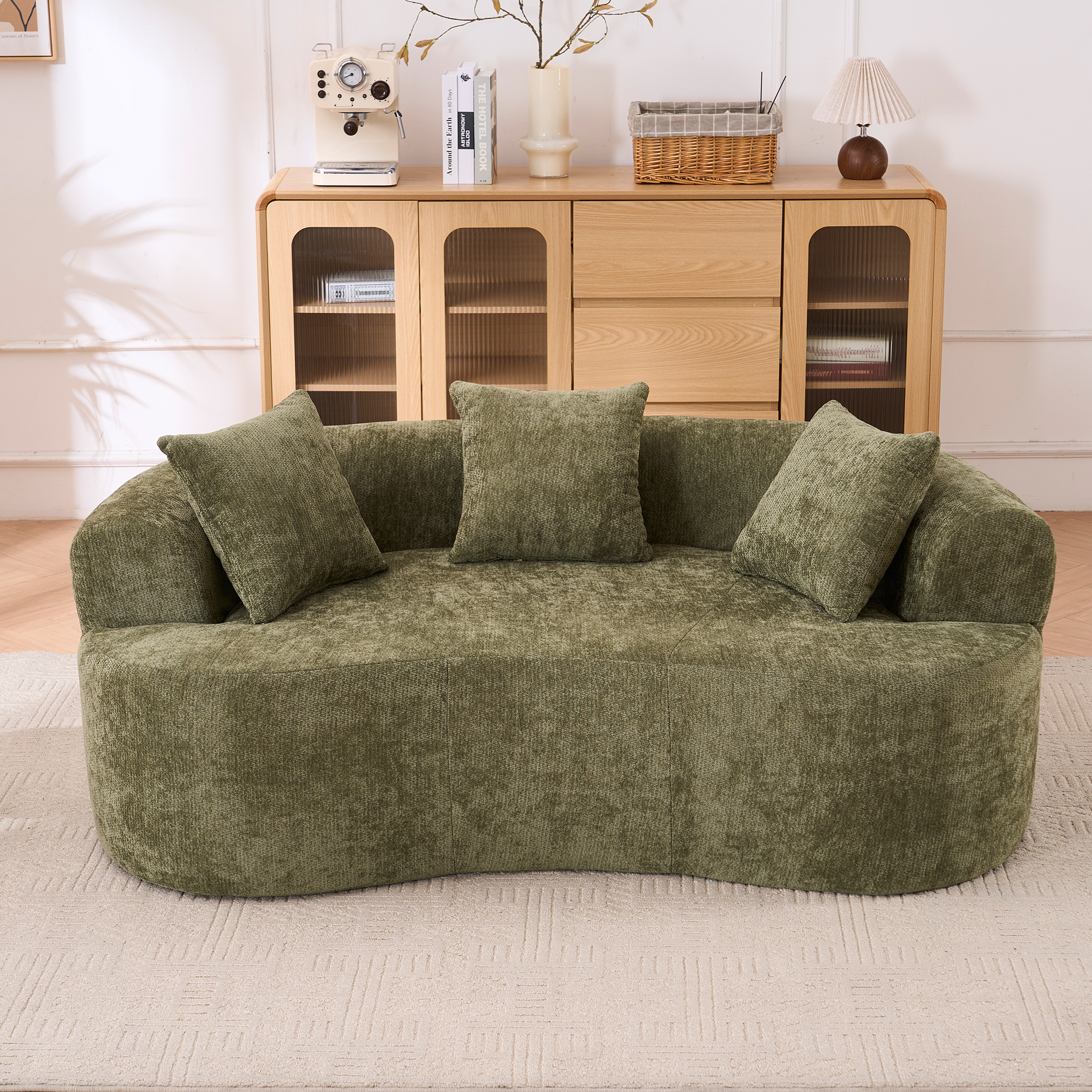 Crescent-shaped Sofa, Modern Low-back Design With Deep Cushions, Self-inflating Foam-filled Large Two-seater Sofa Requiring No Assembly.  Green Chenille Fabric