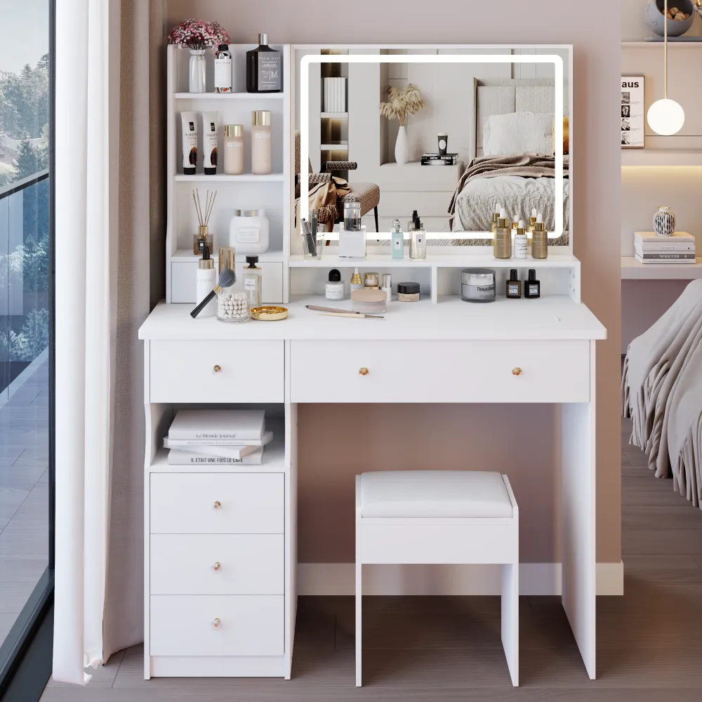 41  Large Sized Desktop Vanity Table   Cushioned Stool, Oversized Desktop, Large Touch Control LED Mirror, 3-color Switch, Multi Layer High Capacity Storage Fashion Dresser, EPA, GCC, UL Certificate