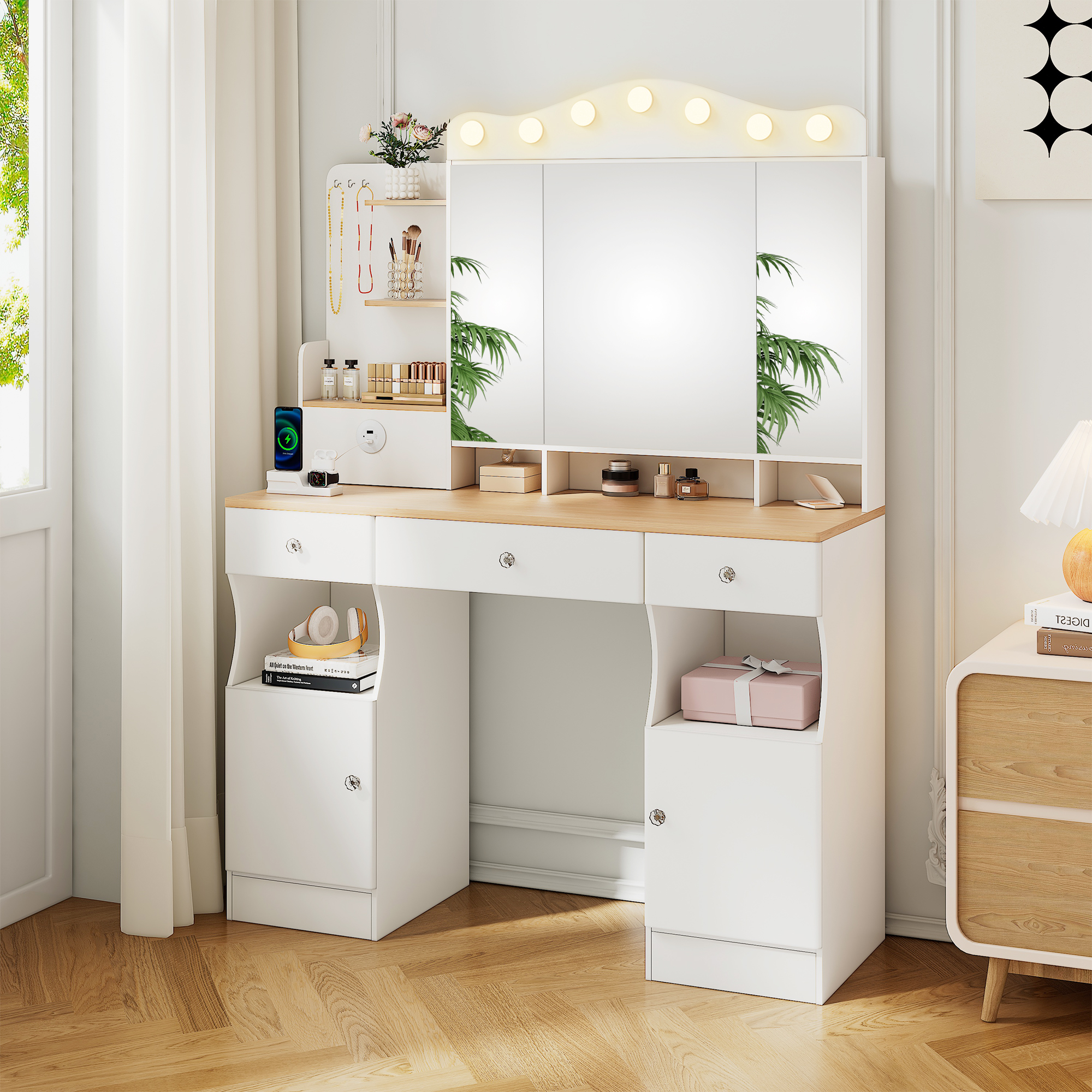 Vanity Desk With Mirror And Lights,Makeup Vanity With  2 USB Power Strip, Vanity Set With Three Drawers And Two Cabinet, 7 Lights With 3 Lights Colors, Foldable Three-sided Mirror White