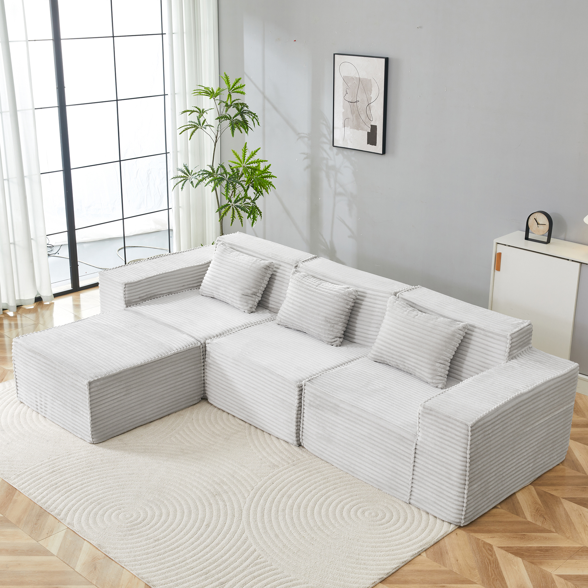 L-Shaped Modular Sectional Sofa, 3-Seater With Ottoman, Striped Corduroy Fabric, High-Density Foam For Home, Apartment, Office  Light Gray
