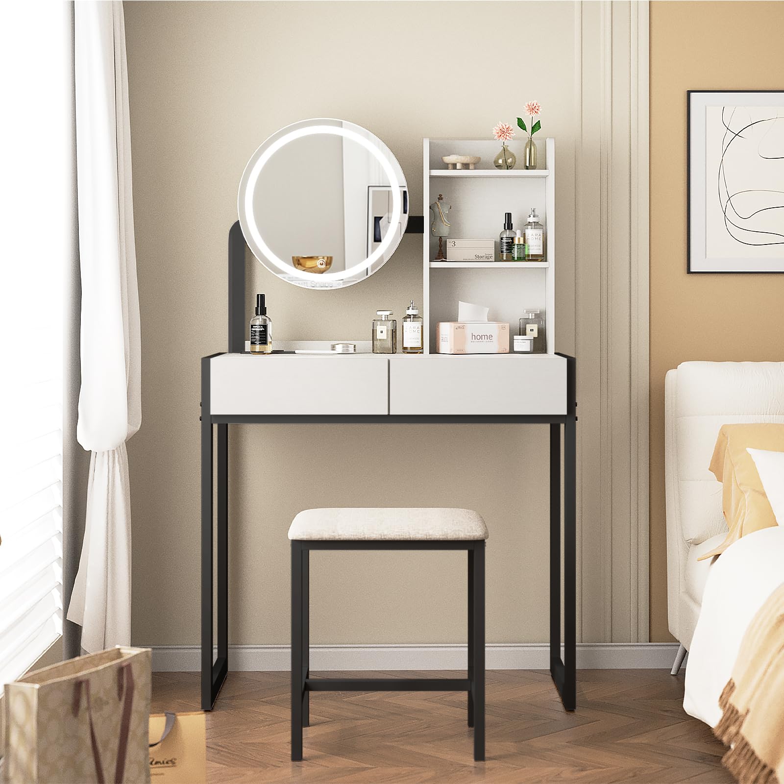 Small Vanity Desk With Mirror And Lights, Makeup Vanity Table With LED Mirror, 3 Lighting Modes, Power Outlet, Drawer, Open Shelves And Cushioned Stool For Bedroom  White And Black