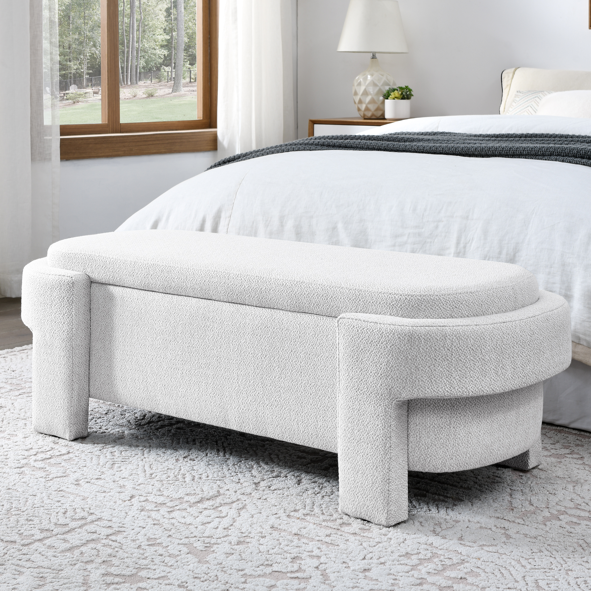 Linen Fabric Upholstered Bench With Large Storage Space For The Living Room, Entryway And Bedroom,White, 51.5 X20.5 X17