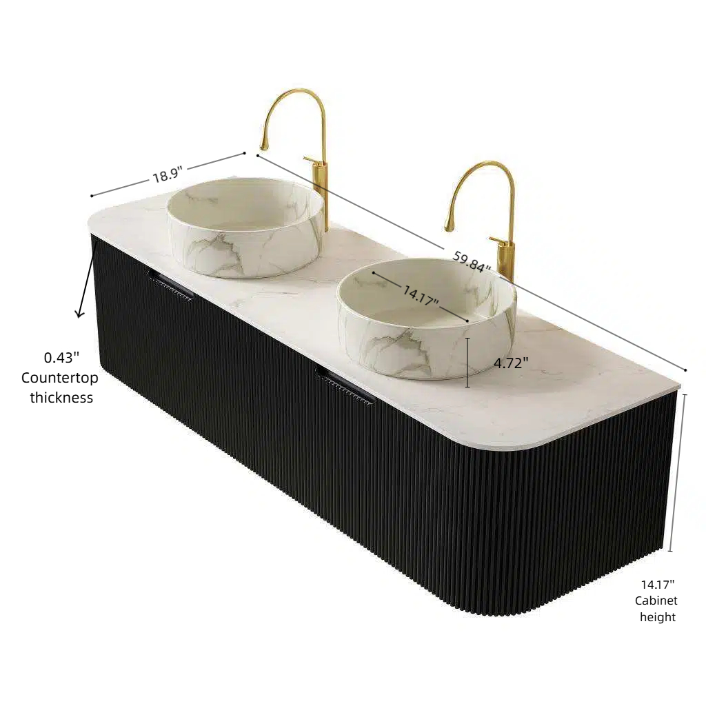 DINA 60 Bathroom Vanity&Sinks, Floating Curved Edges Striped Storage Cabinet With 2 Drawers, 2 Matte Stone White Round Ceramic Basins&Carrara White Sintered Stone Top, Pre-assembled, Black Color