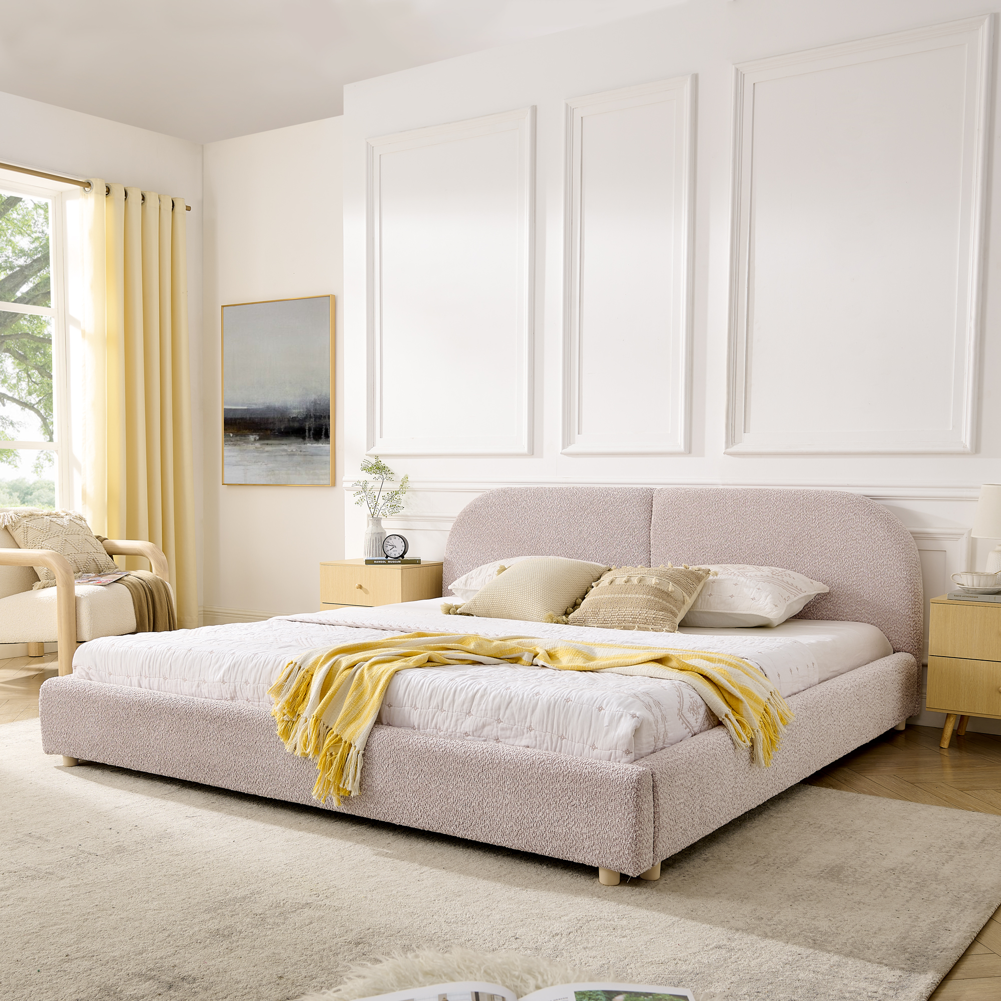 King Size Upholstered Bed Frame, Modern Minimalist Style With Tall Curved Headboard, Premium Circle Yarn Fabric & Sturdy Leg Support, Mattress Not Included-Pink
