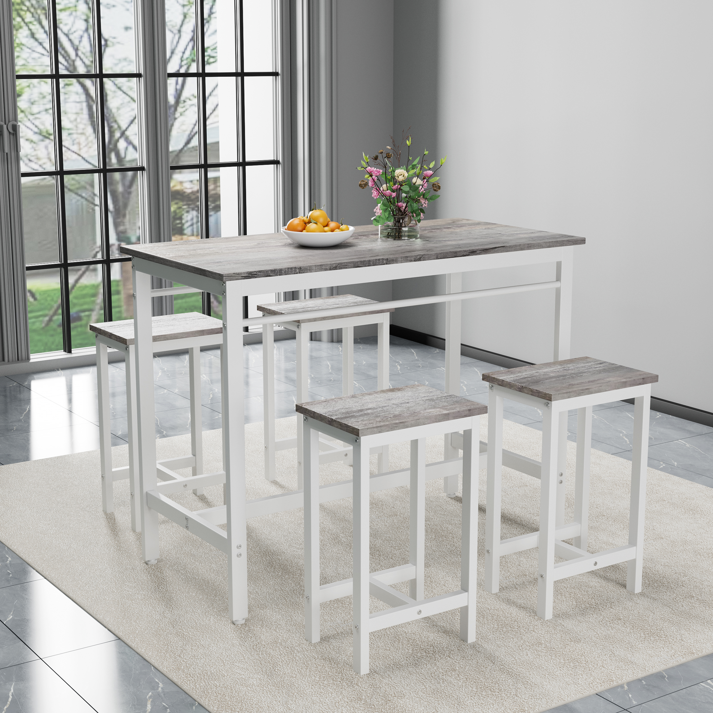 5-piece Modern Kitchen Table With Four Bar Stools Bar Table Set 5PC,metal Frame And MDF, White Oak,47.5  L X 23.7  W X 35.5  H.