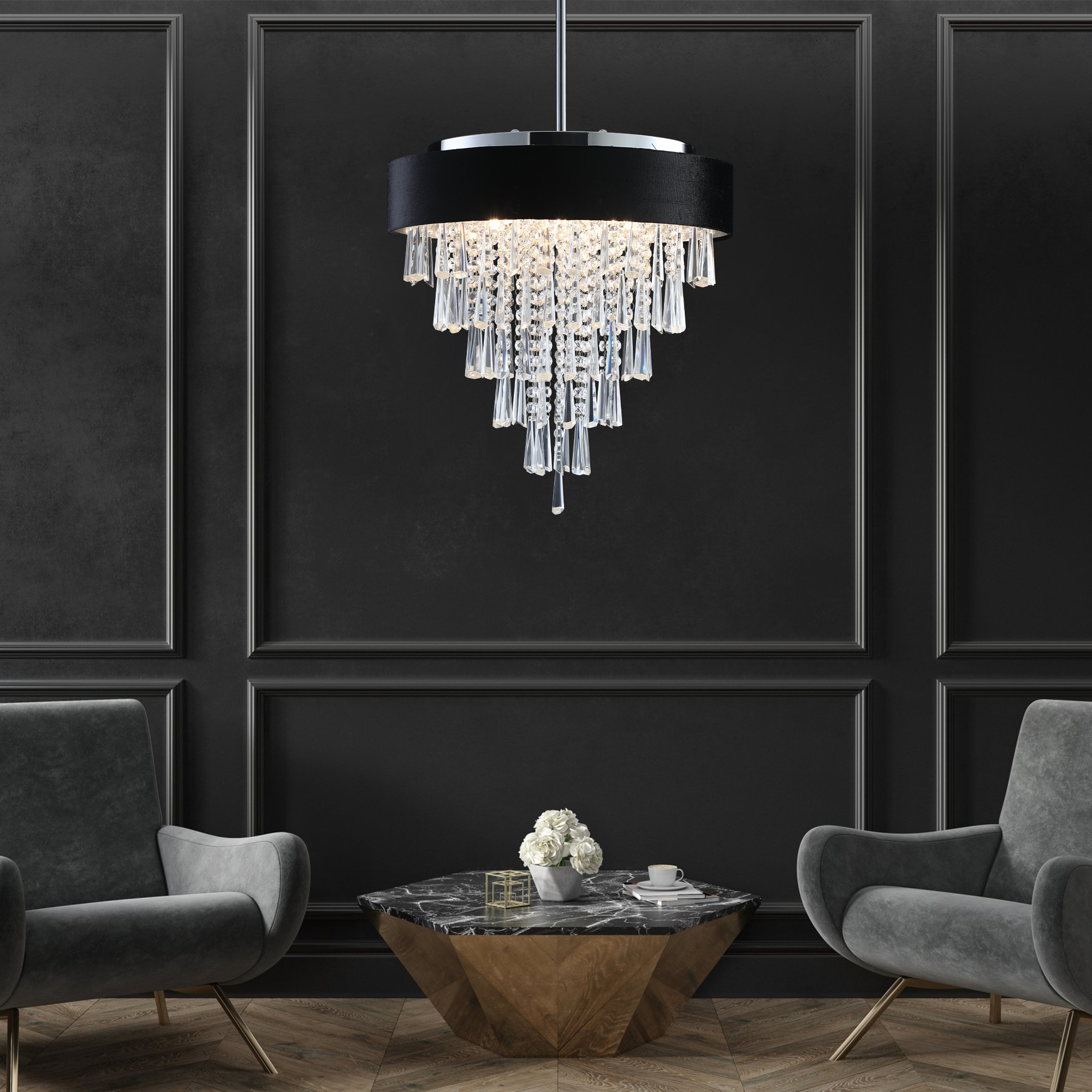 18-inch Modern Crystal Chandelier With Black Imitation Velvet Anti-Glare Shade, Adjustable Height, 8-Light G9 Base For Dining Room, Living Room, Or Bedroom Bulb Not Included