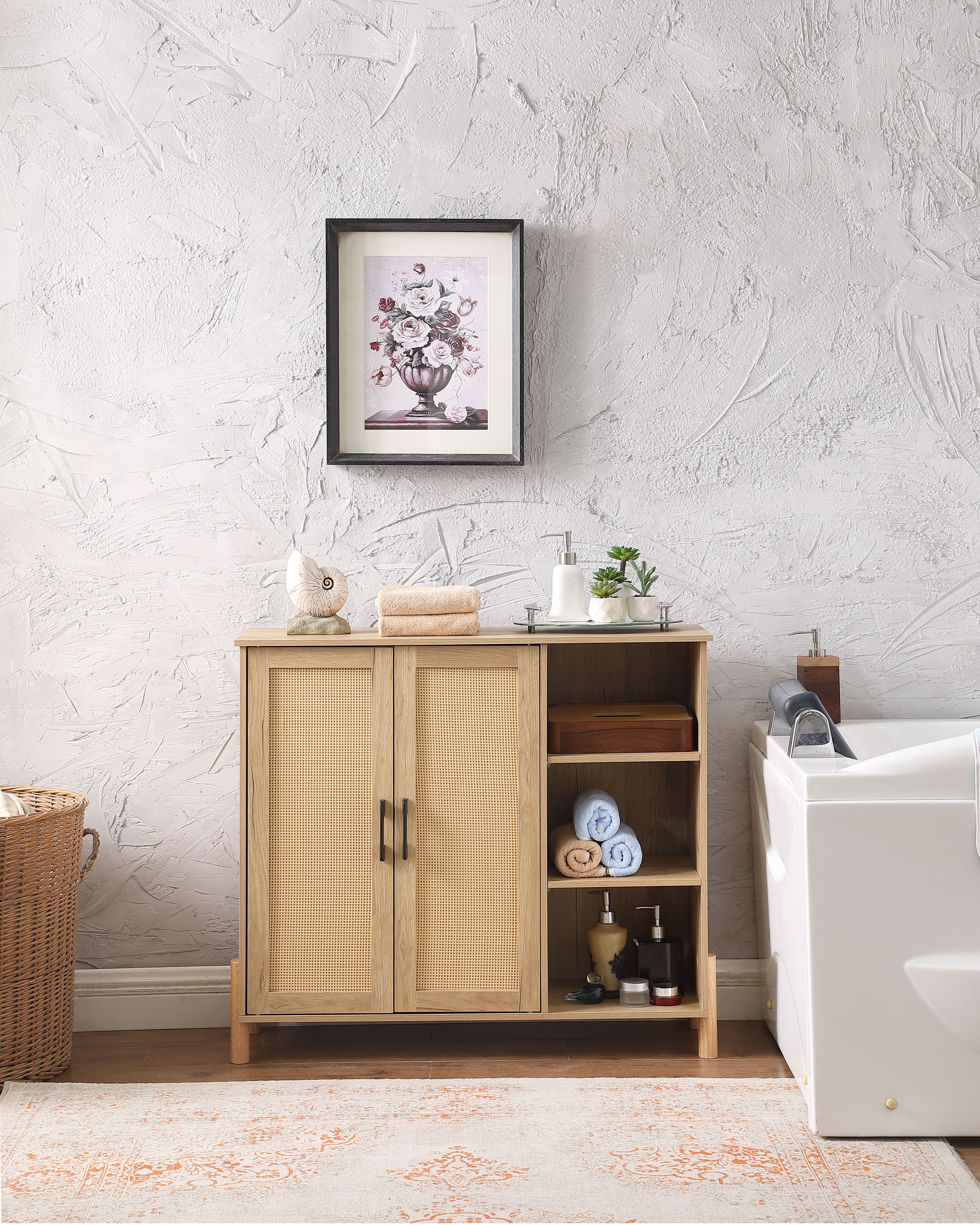 Rattan Storage Cabinet with Open Shelves