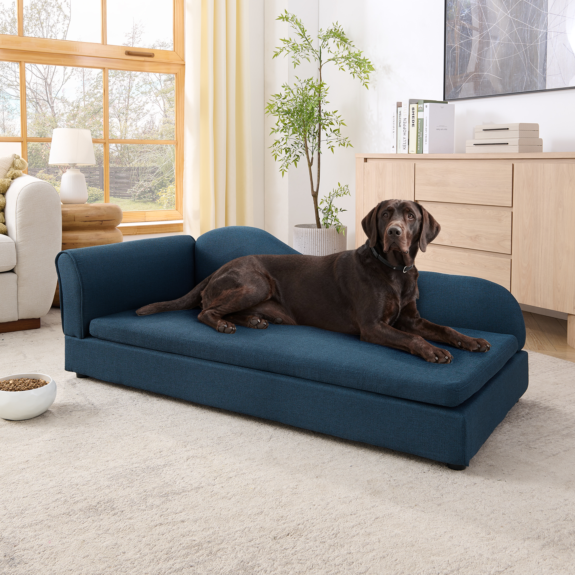 Oversized Pet Sofa For Medium Large Dogs - Modern Irregular Wave Backrest, Single Armrest, Premium Breathable Linen Fabric, Soft Cushion & Low Plastic Feet-Dark Blue