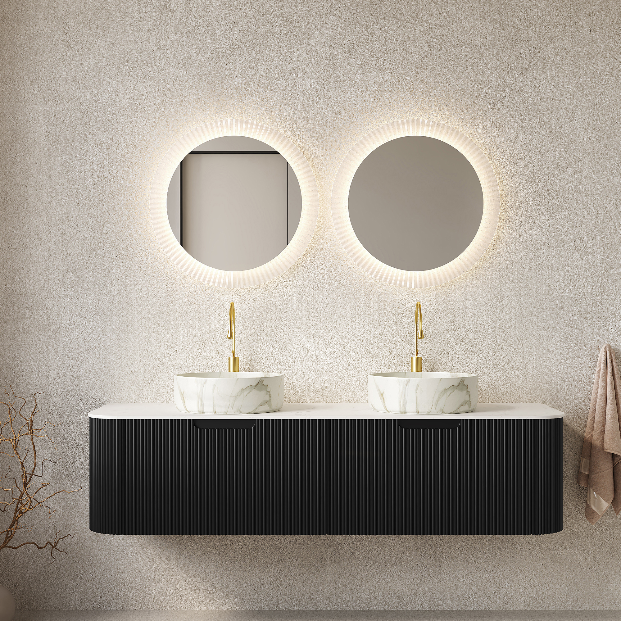 DINA 60 Bathroom Vanity&Sinks, Floating Curved Edges Striped Storage Cabinet With 2 Drawers, 2 Matte Stone White Round Ceramic Basins&Carrara White Sintered Stone Top, Pre-assembled, Black Color