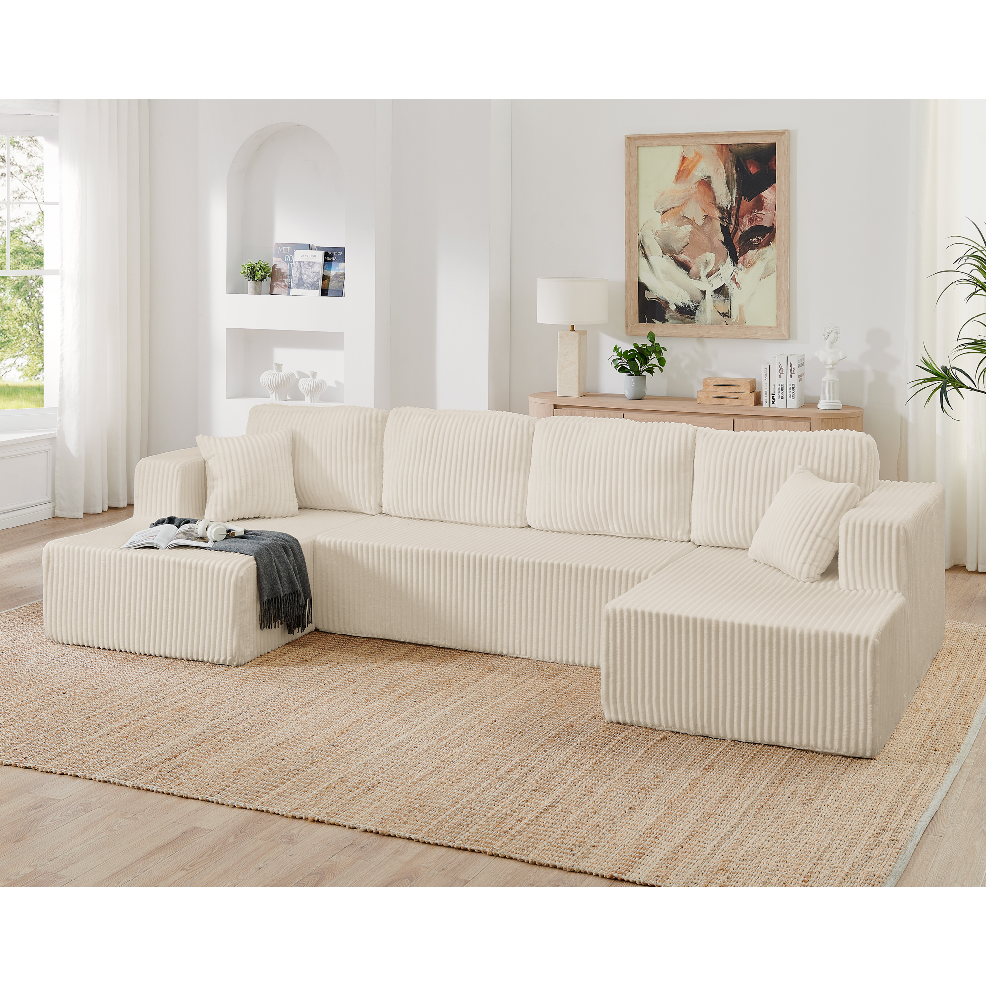 U Shape Modular Sectional Sofa, Compressed Sectional Sofa Modern Minimalist Style Corduroy Couch, Sleeper Sofa For Living Room, Bedroom, Comfy Compressed Sofa Couch Space-Efficient Design-beige