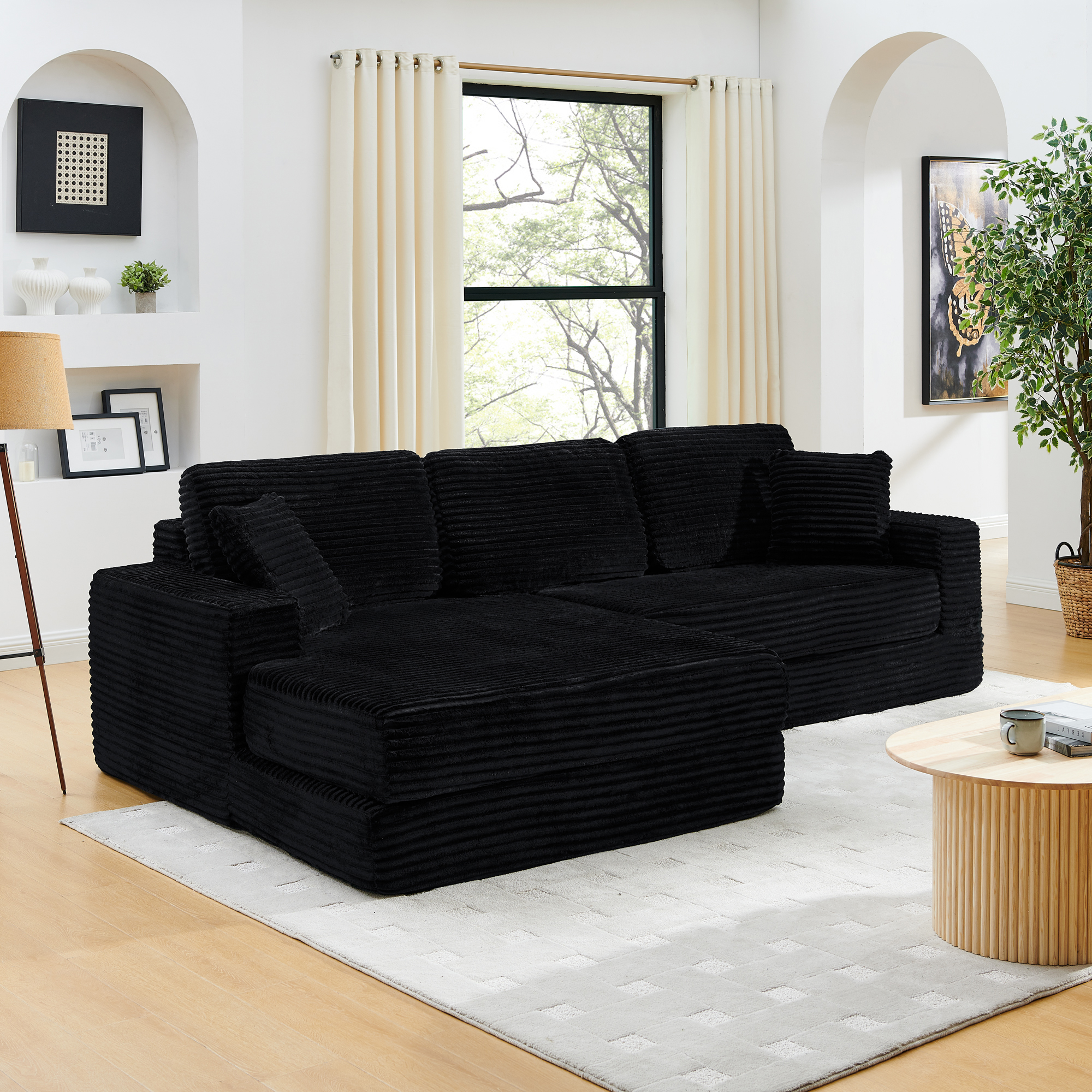 Left Sofa Seat,L Shape Modular Sectional Sofa, Compressed Sectional Sofa Modern Minimalist Style Corduroy Couch,Unfold Into A Bed, Bedroom, Comfy Compressed Sofa Couch Space-Efficient Design-black