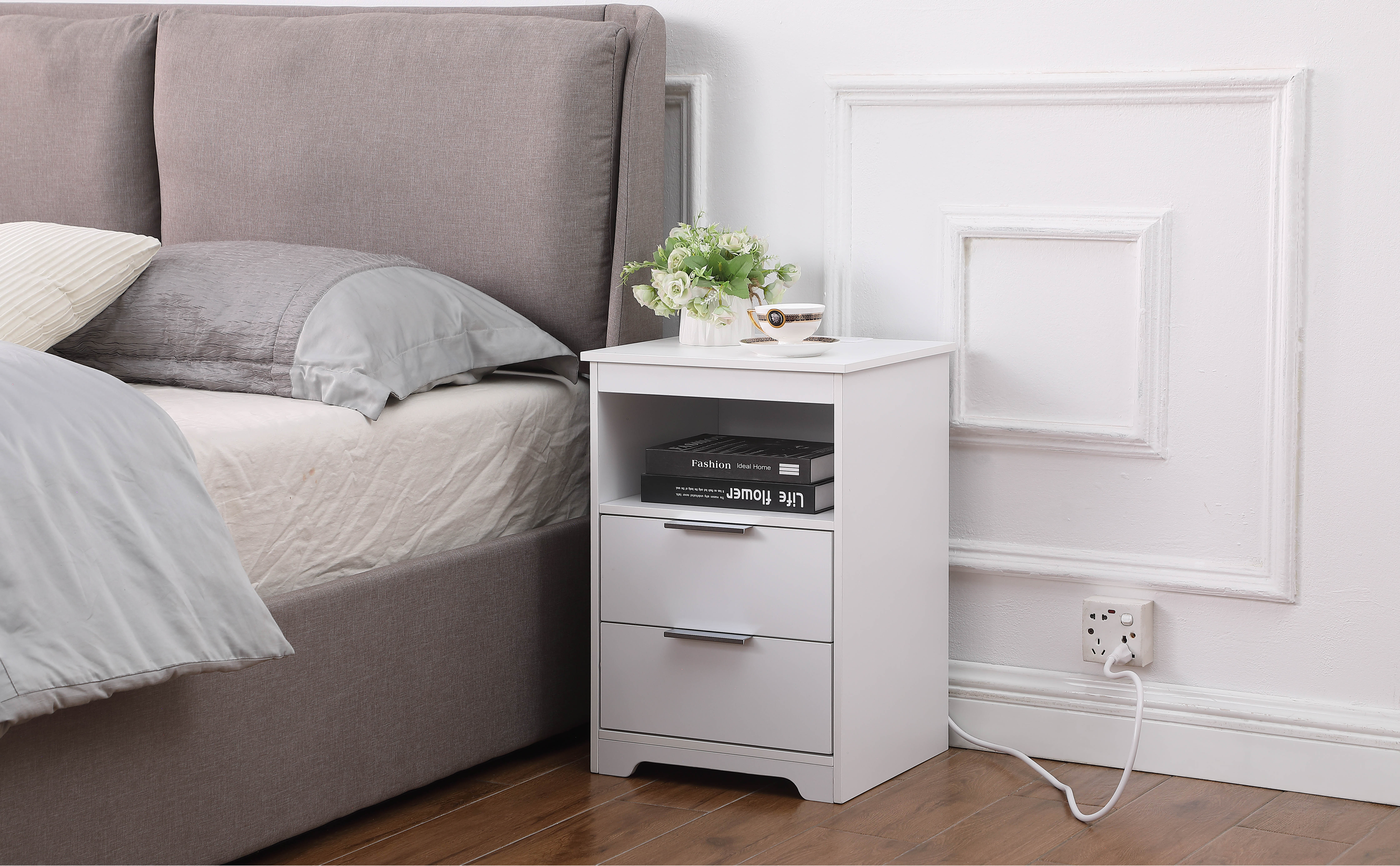 Wooden Nightstand with Charging Station