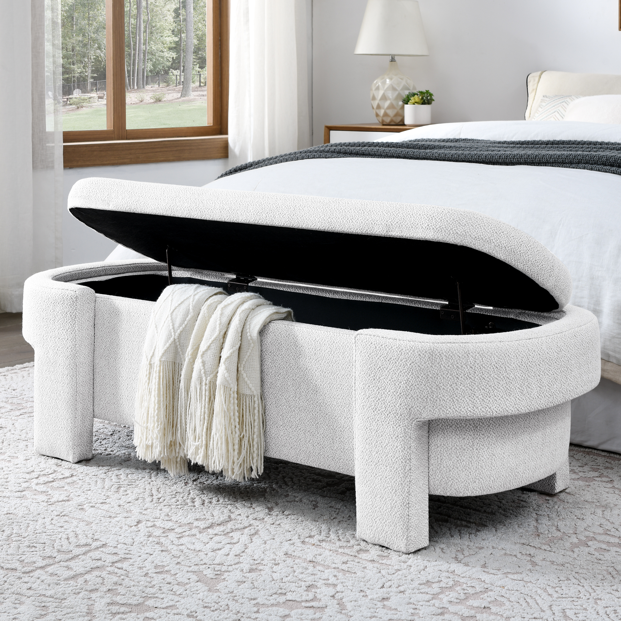 Linen Fabric Upholstered Bench With Large Storage Space For The Living Room, Entryway And Bedroom,White, 51.5 X20.5 X17
