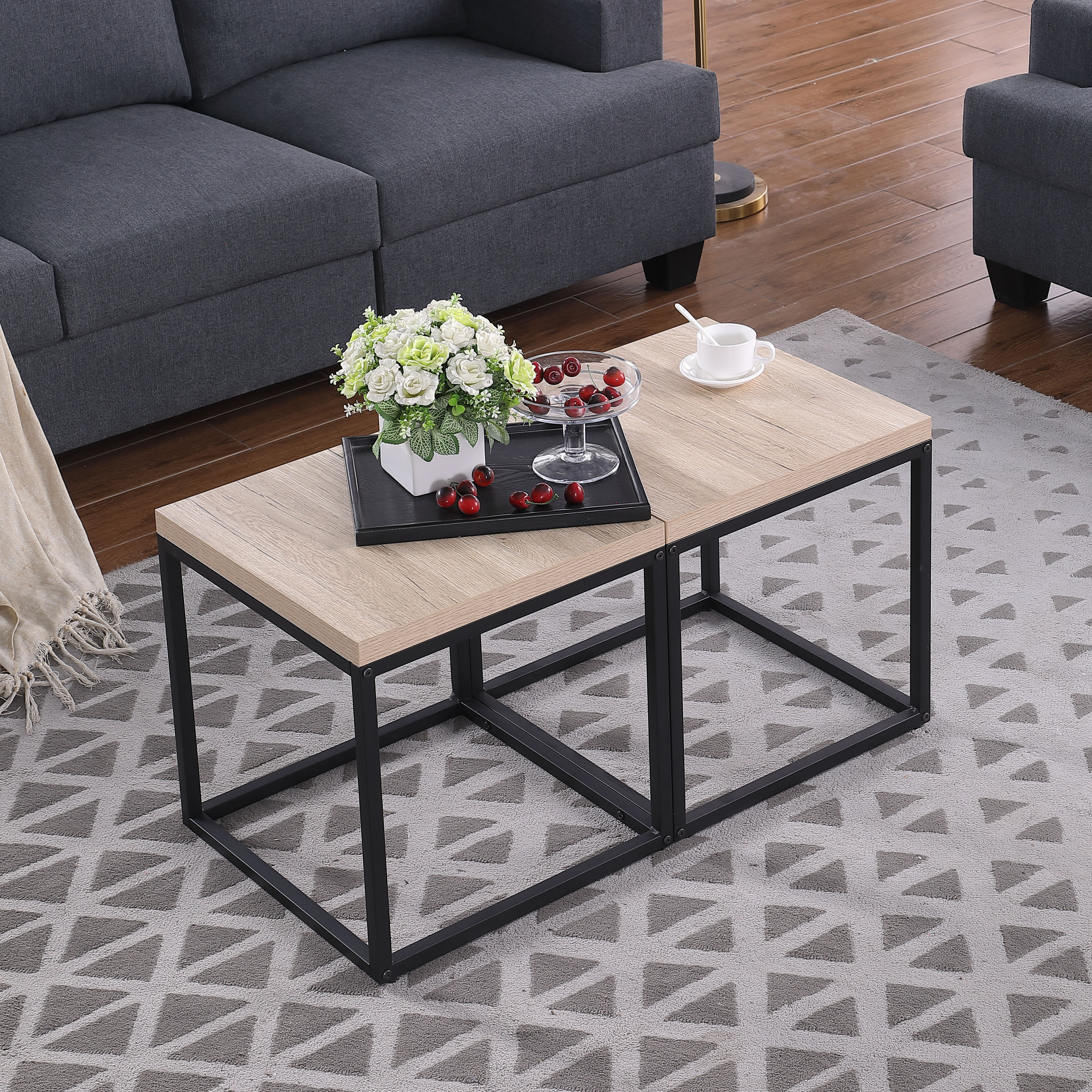 Wood and Metal End Table Set
